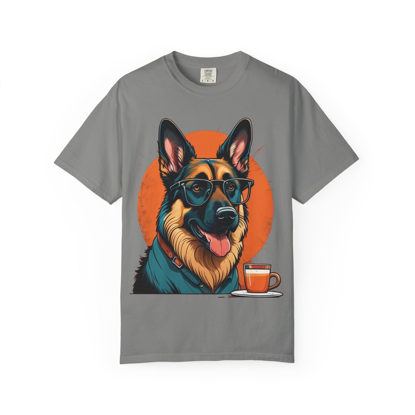 German Shepherd Coffee T-Shirt — Cool Dog Graphic Tee with Sunglasses & Mug