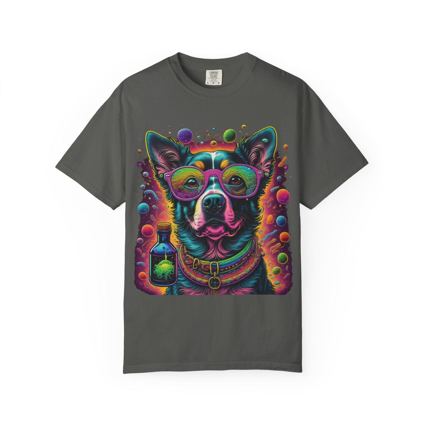 Psychedelic Dog Graphic T-Shirt — Vibrant Neon Pup Art Tee
