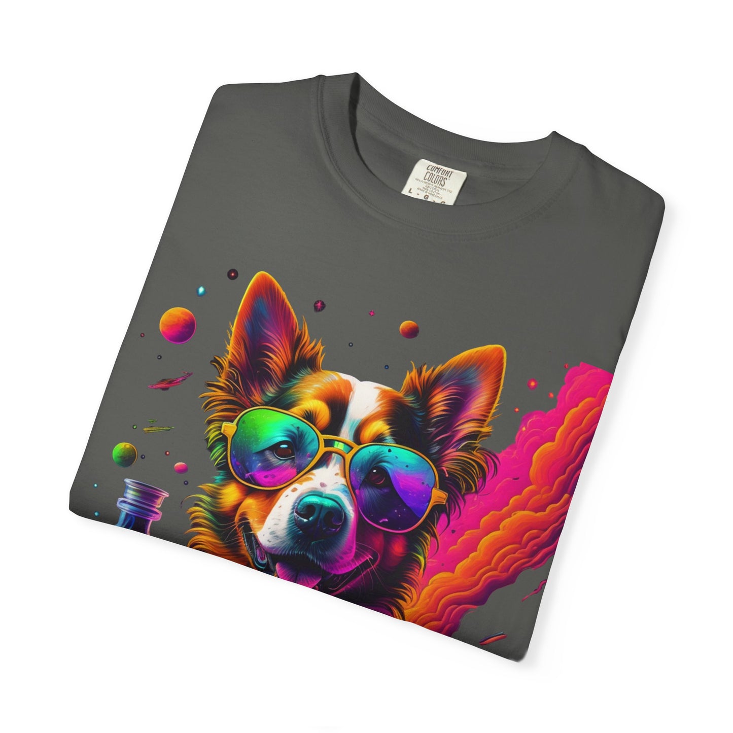 Psychedelic Dog Graphic Tee — Colorful Sunglasses Pup Print