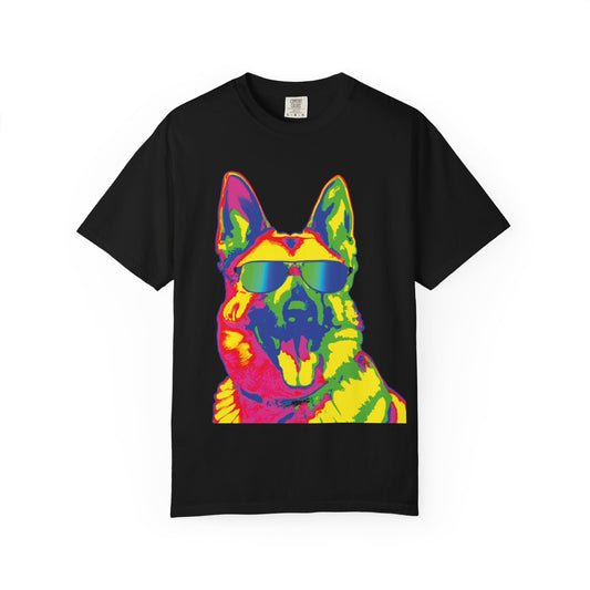 Retro Neon German Shepherd Tee — Cool Sunglasses Dog Graphic T-Shirt