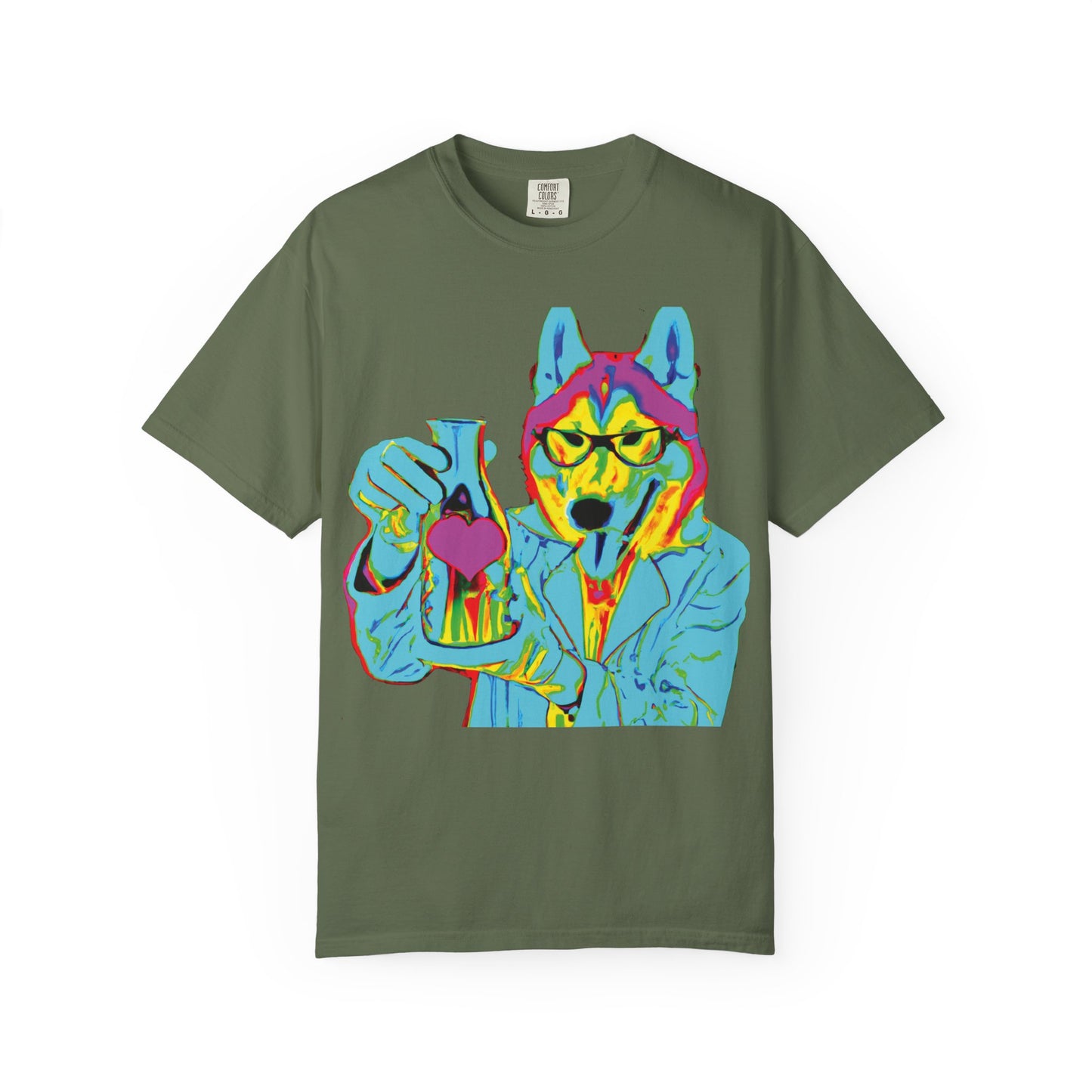 Psychedelic Husky Graphic T-Shirt — Colorful Scientist Dog Design
