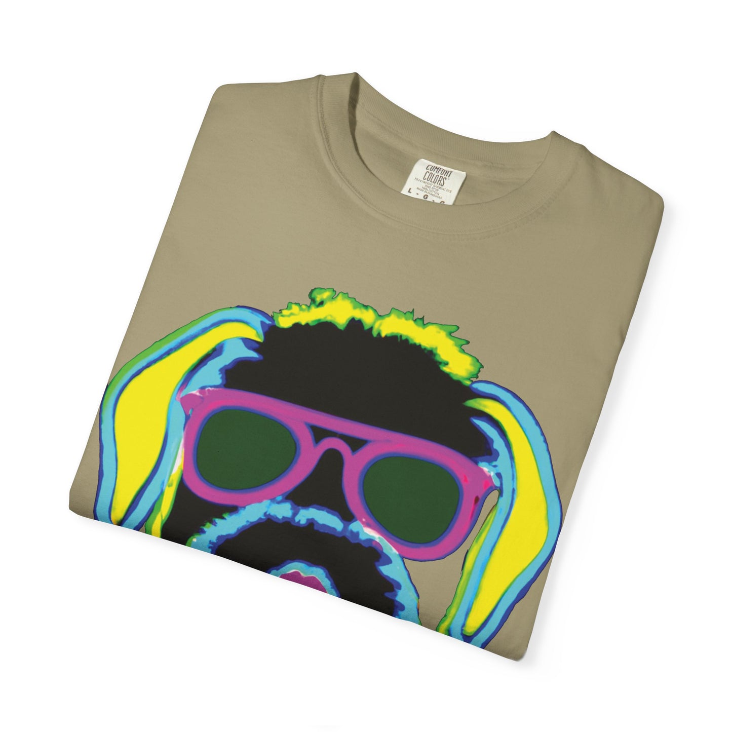 Neon Cool Dog Graphic T-Shirt — Sunglasses Pup Tee with PlurOut Backprint