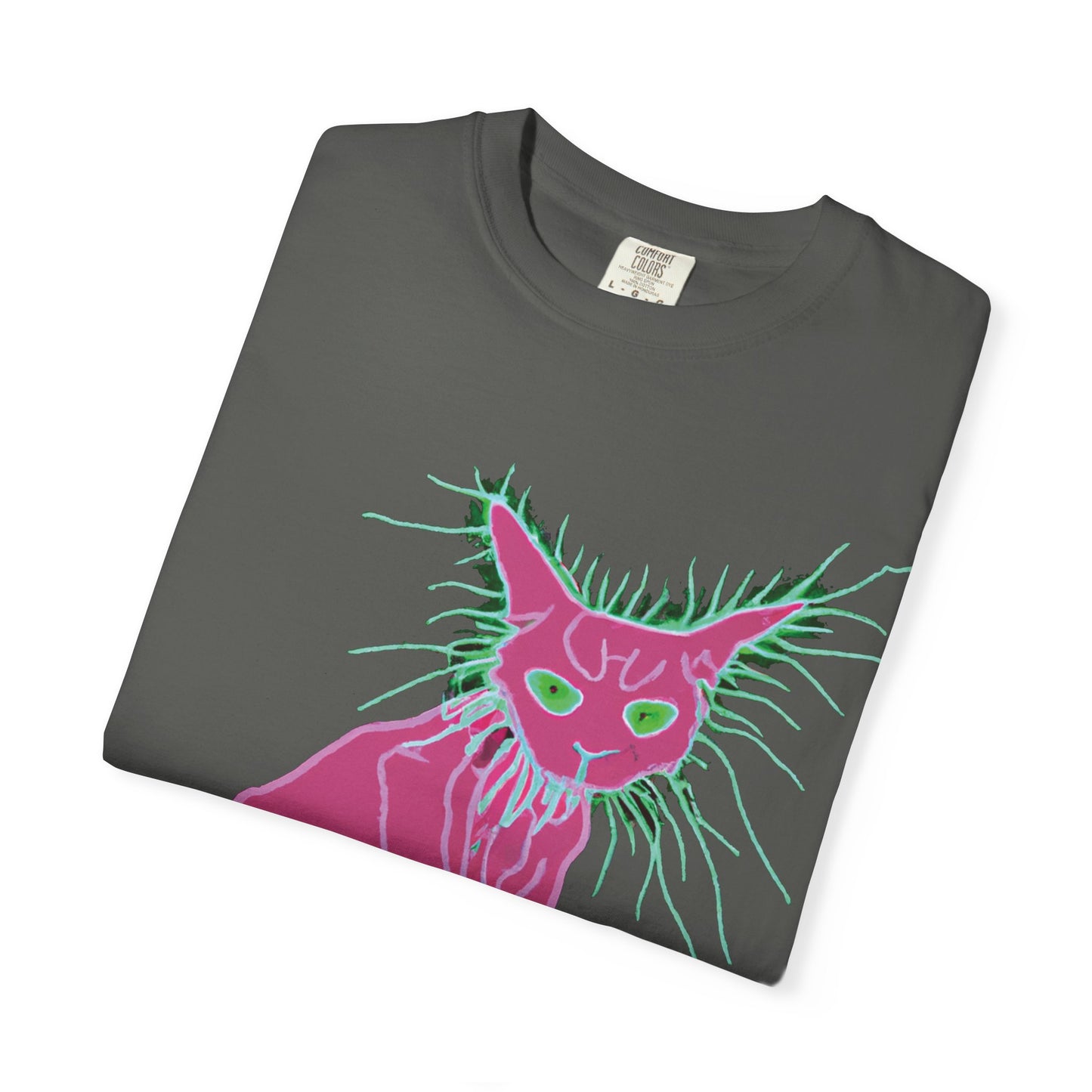 Sphynx Cat Graphic T-Shirt — Neon Pink & Green Punk Cat Design