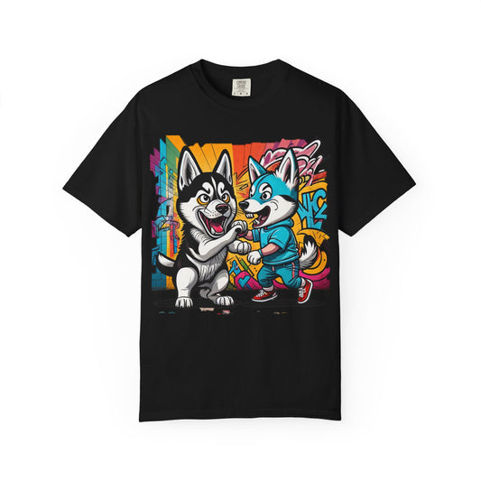 Husky Friends Graphic T-Shirt — Playful Street Art Dog Design