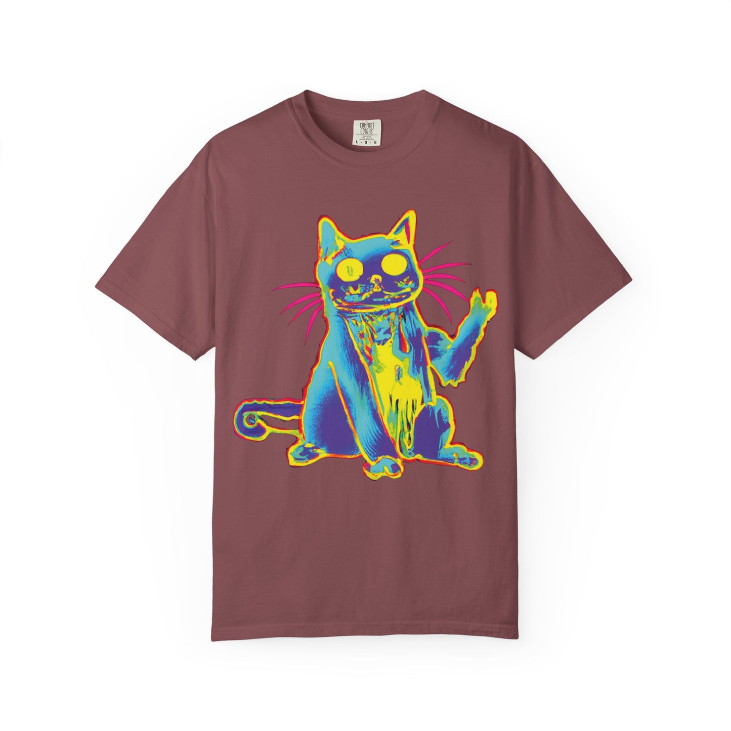 Psychedelic Cat Graphic T-Shirt — Retro Neon Cat Front + 'PLURR0UT.com' Back