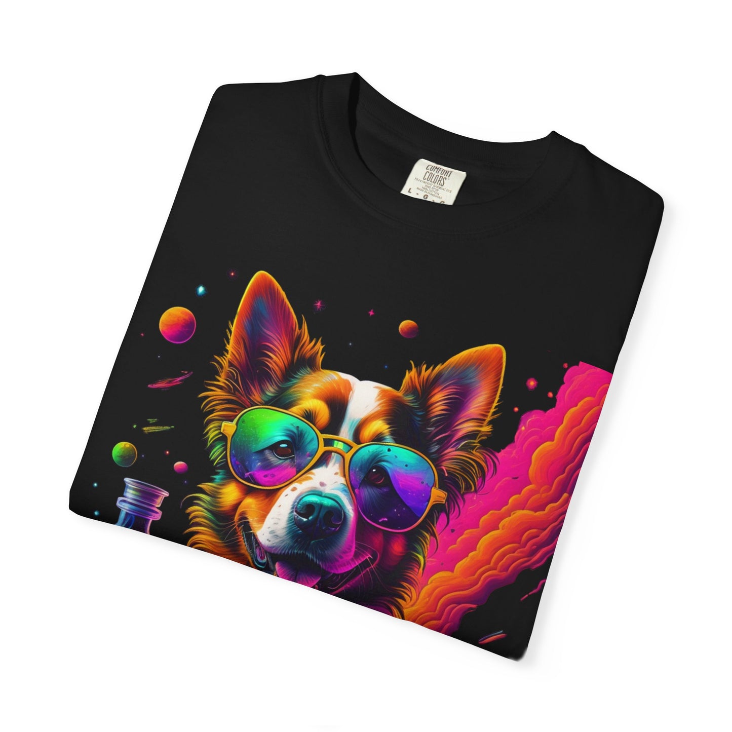 Psychedelic Dog Graphic Tee — Colorful Sunglasses Pup Print