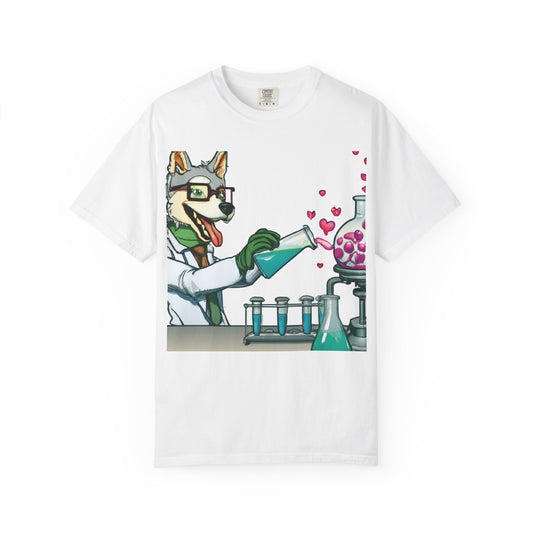 Chemist Dog T-Shirt — Cute Lab Scientist Pouring Love (Plurout.com Back Print)