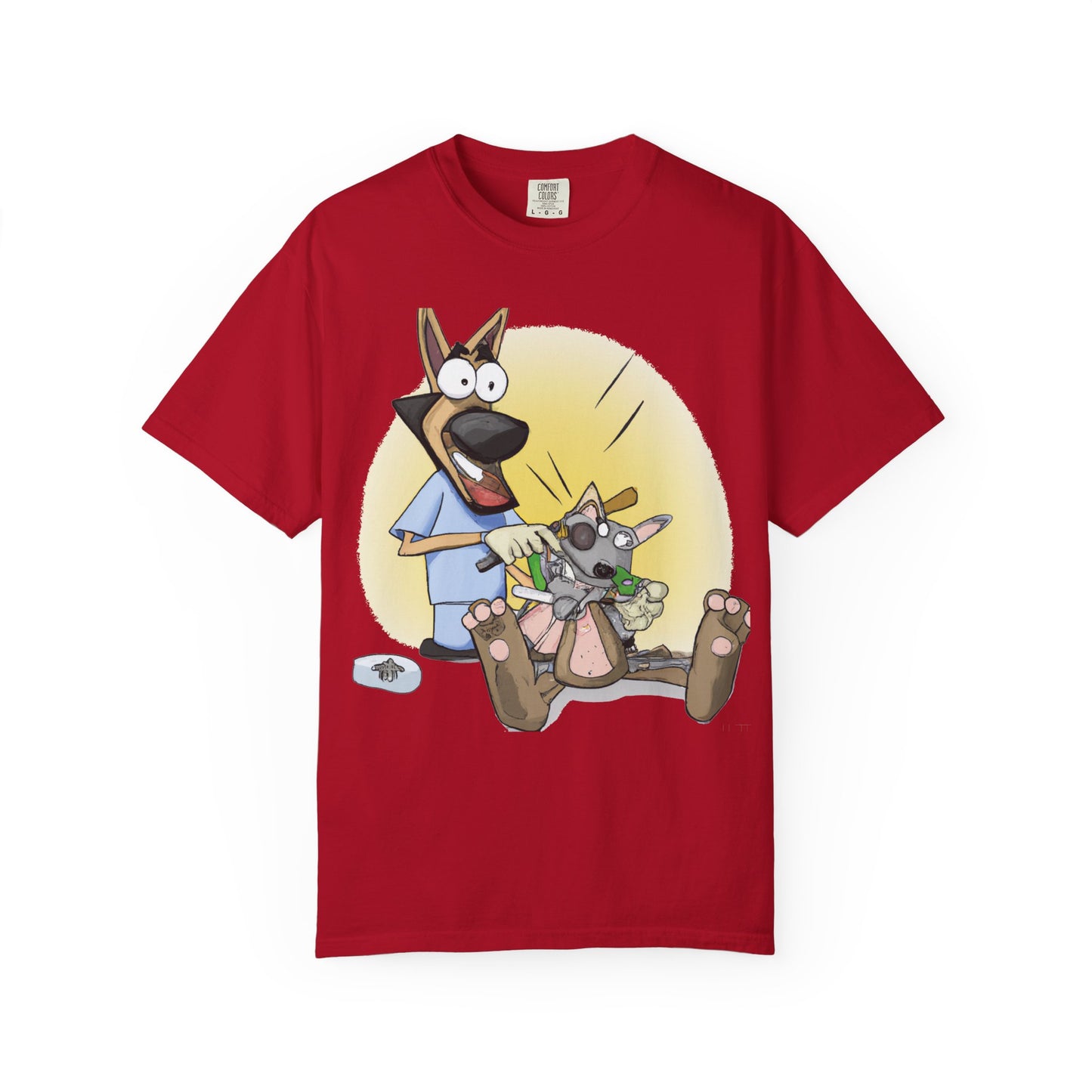 Funny Vet Dog T-Shirt — Cartoon Dog Grooming with 'PLuROUT.com' Back Print