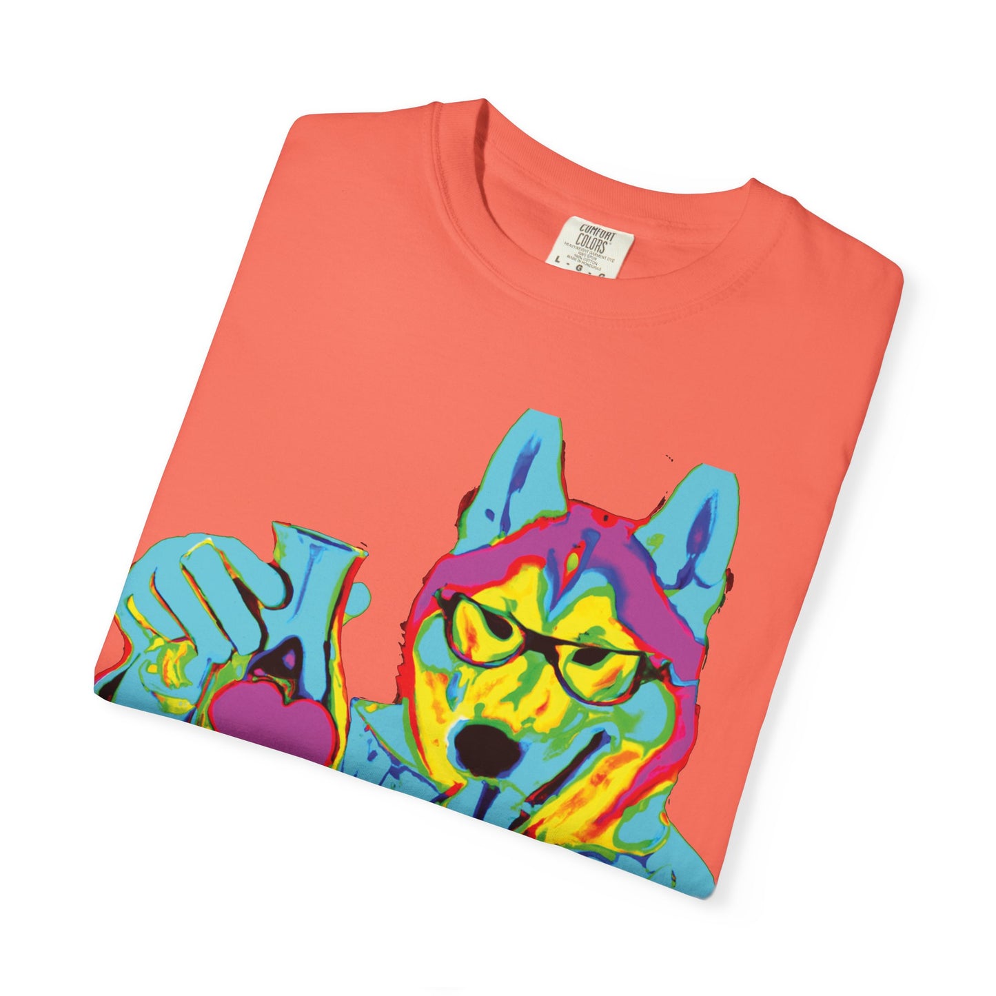 Psychedelic Husky Graphic T-Shirt — Colorful Scientist Dog Design
