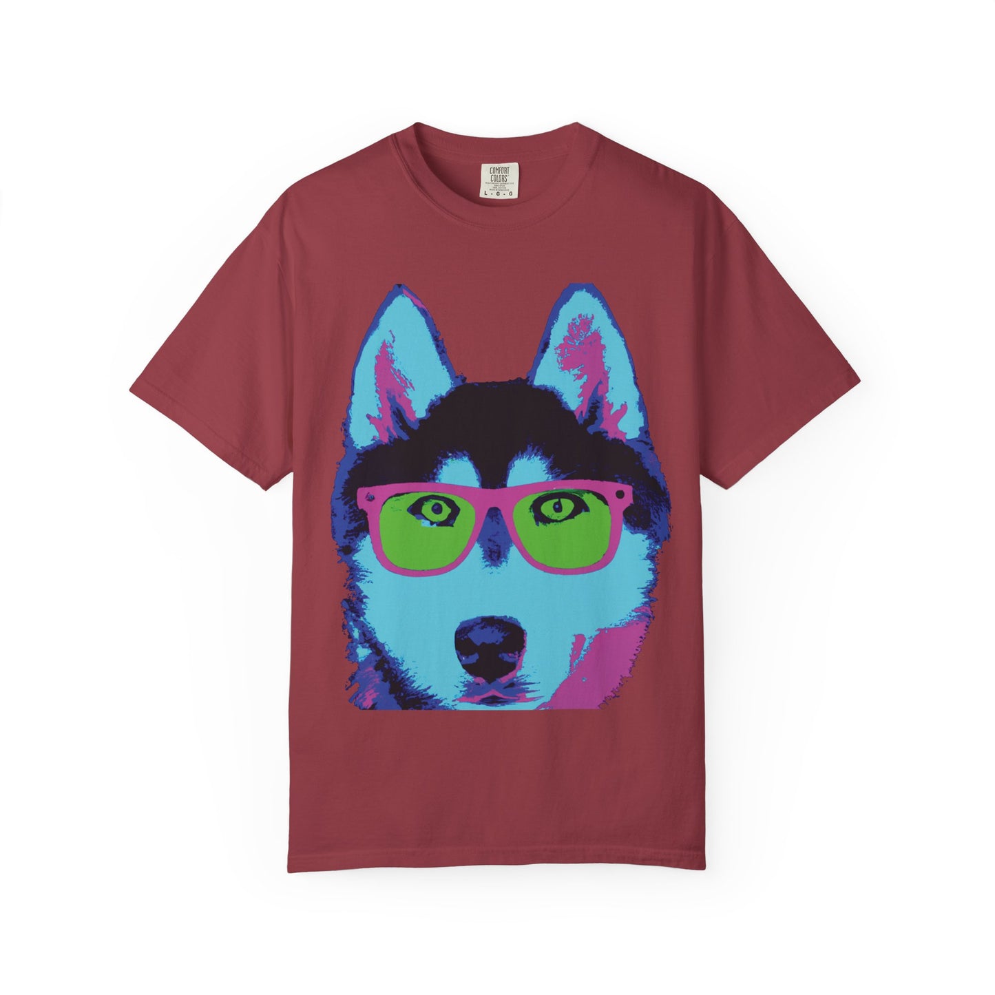 Pop Art Husky T-Shirt — Colorful Dog Face with Sunglasses, Back 'PLURout.com' Graphic