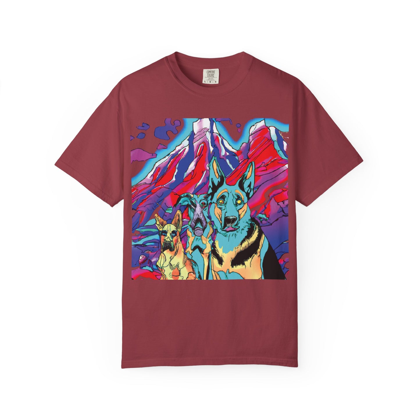 Psychedelic Mountain German Shepherd T-Shirt — Colorful Graphic Tee with Bold Back Script