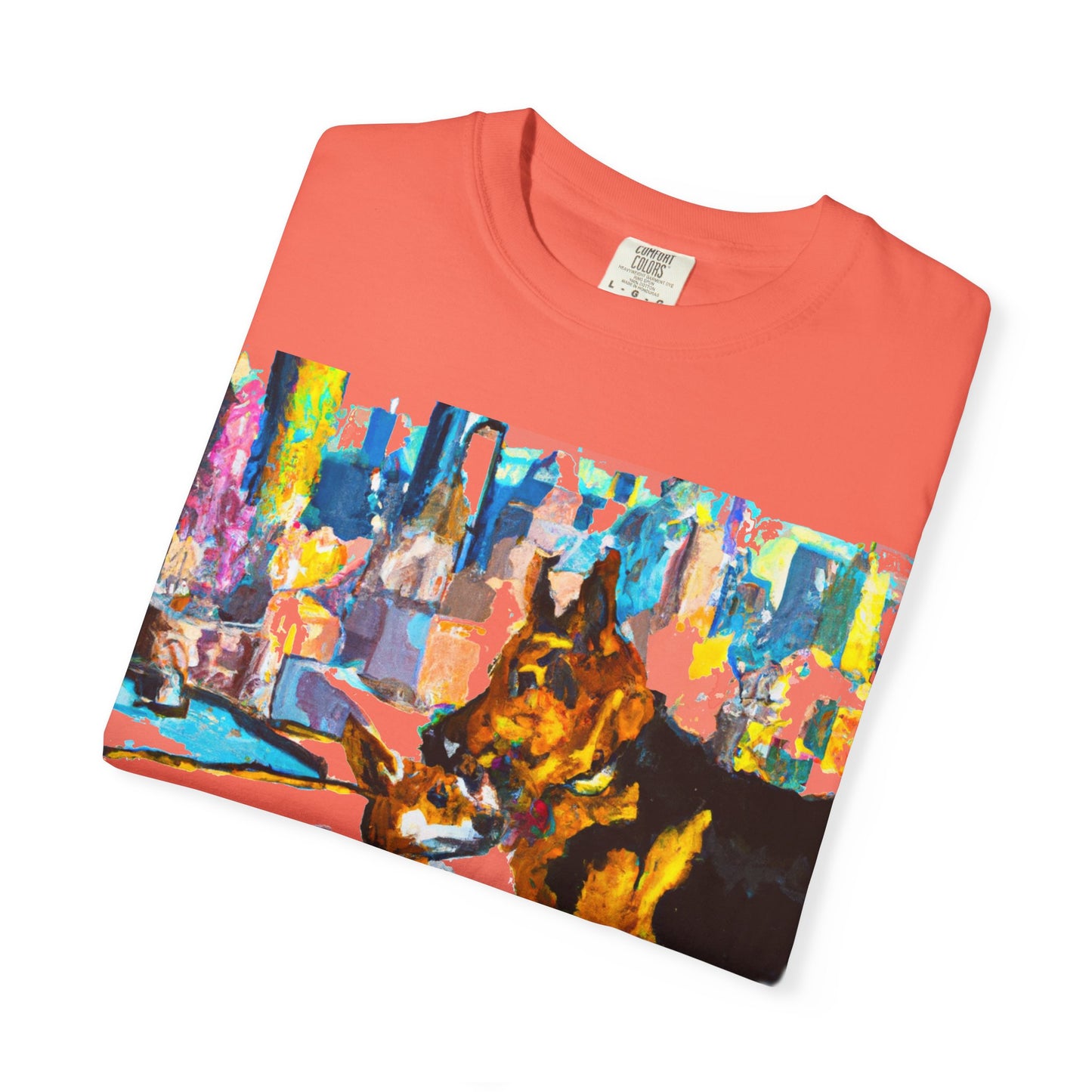 Dog Art T-Shirt — Colorful Urban Canine Print (Back Logo "PLUKOUT.com")