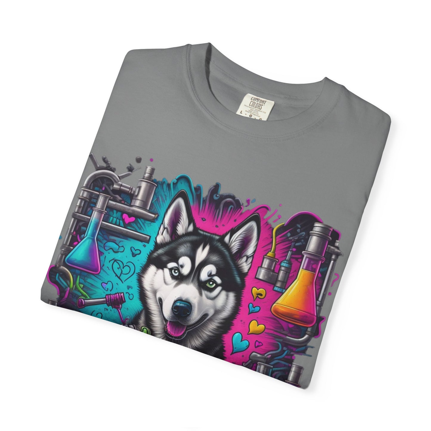 Husky Lab Graphic T-Shirt — Neon Science Dog Tee
