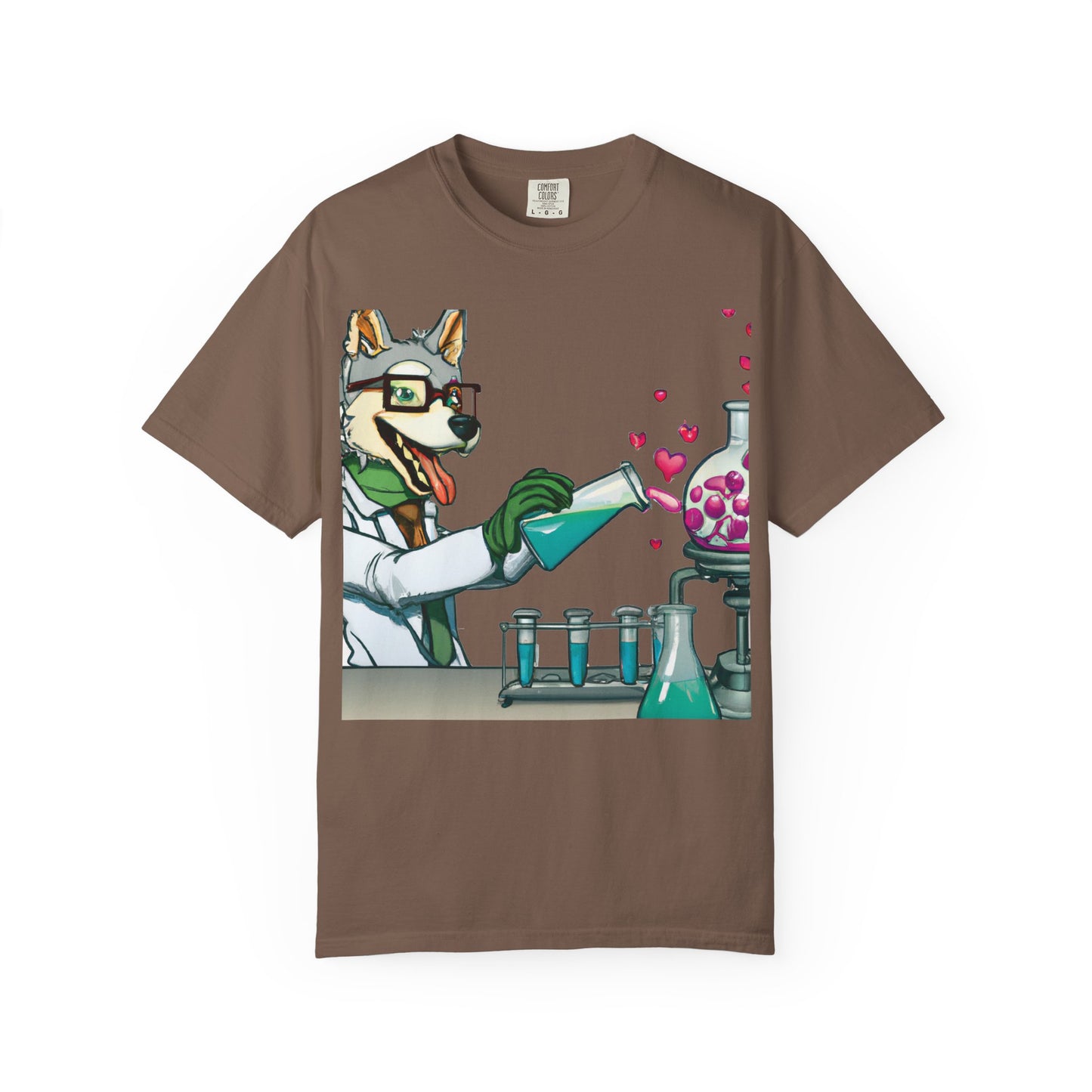 Chemist Dog T-Shirt — Cute Lab Scientist Pouring Love (Plurout.com Back Print)