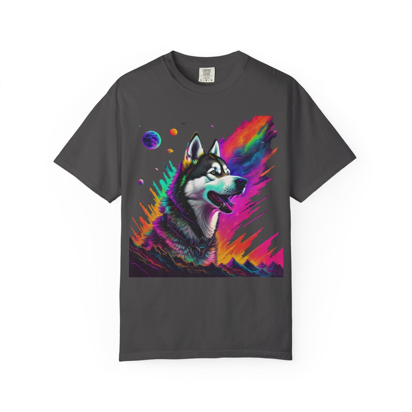 Husky Nebula T-Shirt — Colorful Cosmic Dog Art Tee