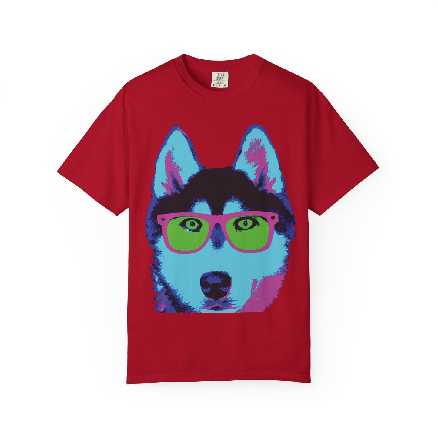 Pop Art Husky T-Shirt — Colorful Dog Face with Sunglasses, Back 'PLURout.com' Graphic