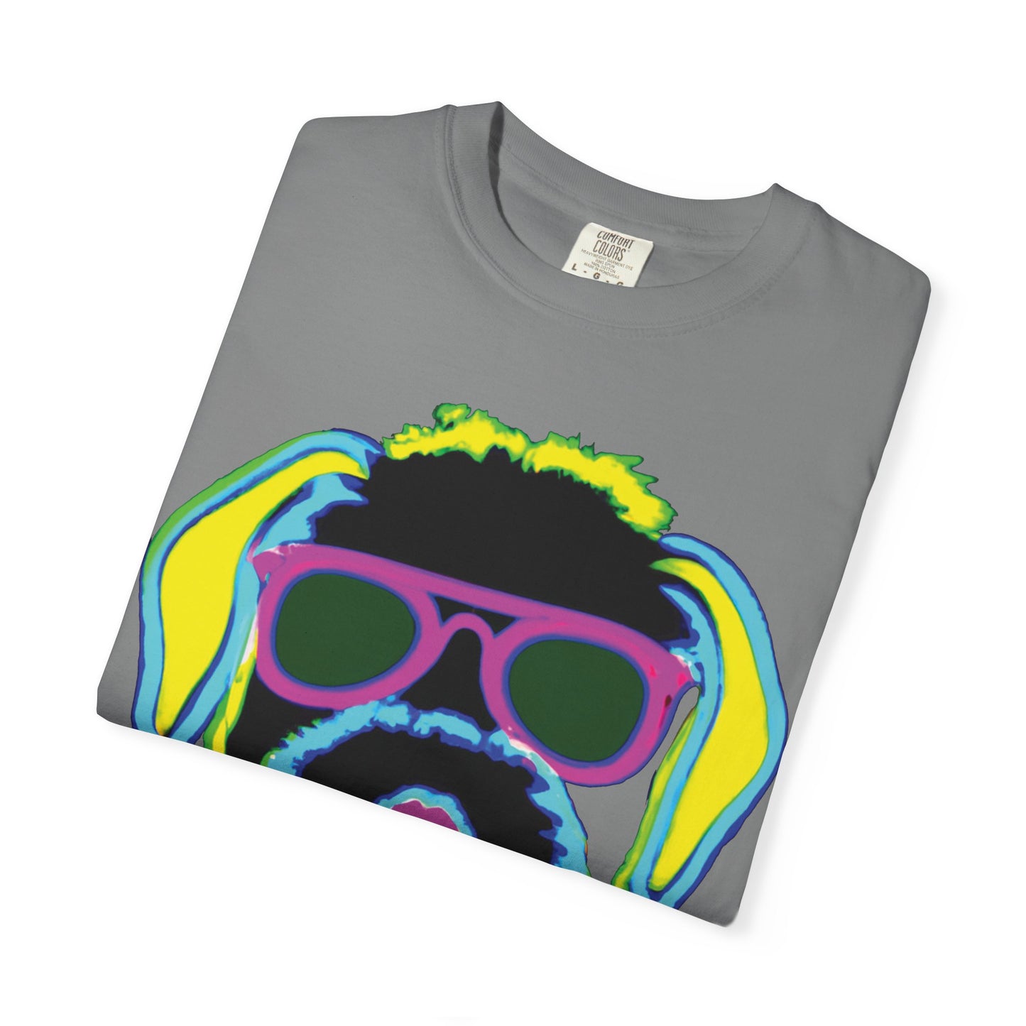 Neon Cool Dog Graphic T-Shirt — Sunglasses Pup Tee with PlurOut Backprint