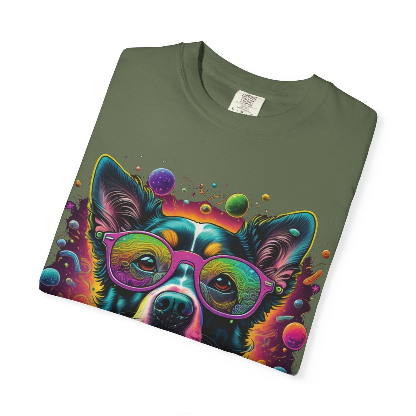 Psychedelic Dog Graphic T-Shirt — Vibrant Neon Pup Art Tee