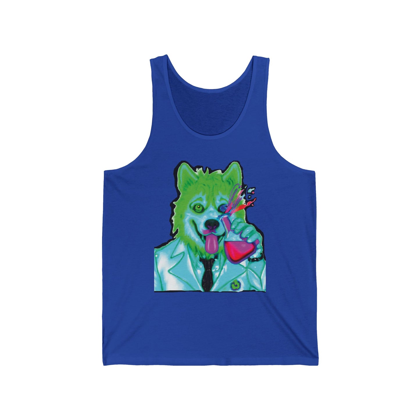 Neon Canine Scientist Tank Top — Vibrant Dog in Lab Coat Graphic Tank