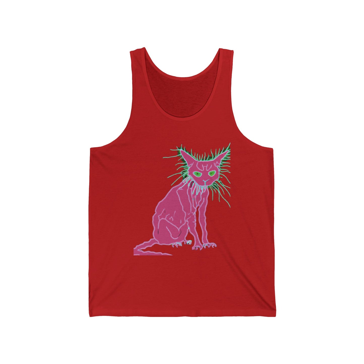 Sphynx Cat Neon Graphic Tank Top — Retro Pink & Green Hairless Cat Design