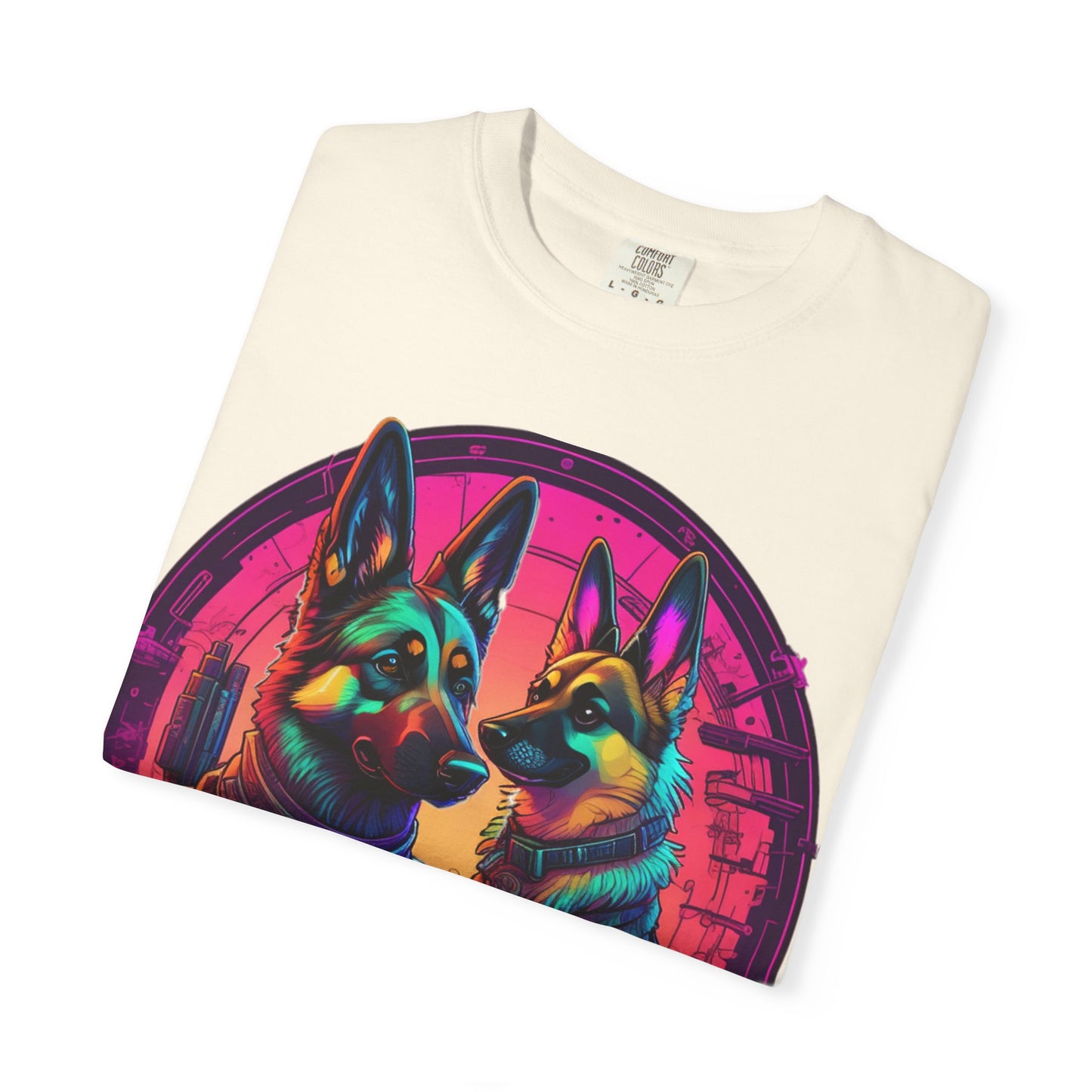 German Shepherd T-Shirt — Neon Retro Dog Duo Graphic Tee
