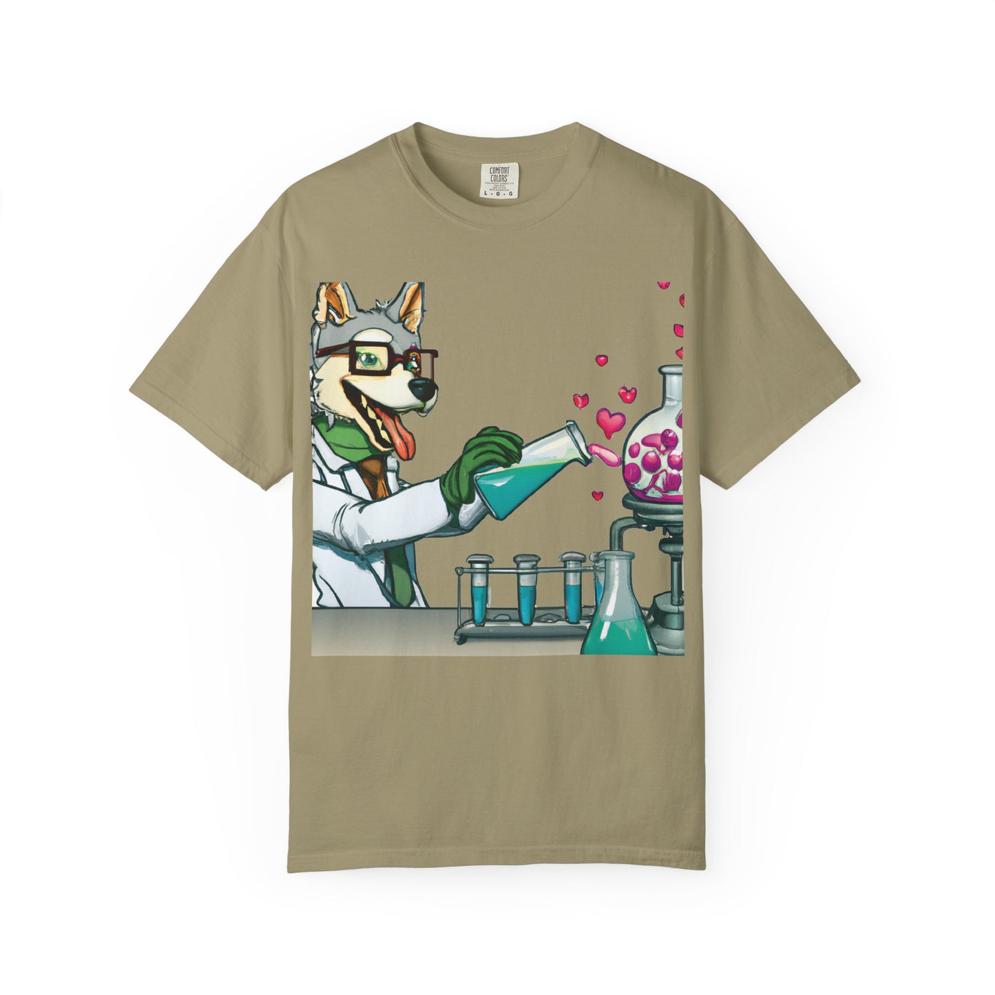Chemist Dog T-Shirt — Cute Lab Scientist Pouring Love (Plurout.com Back Print)
