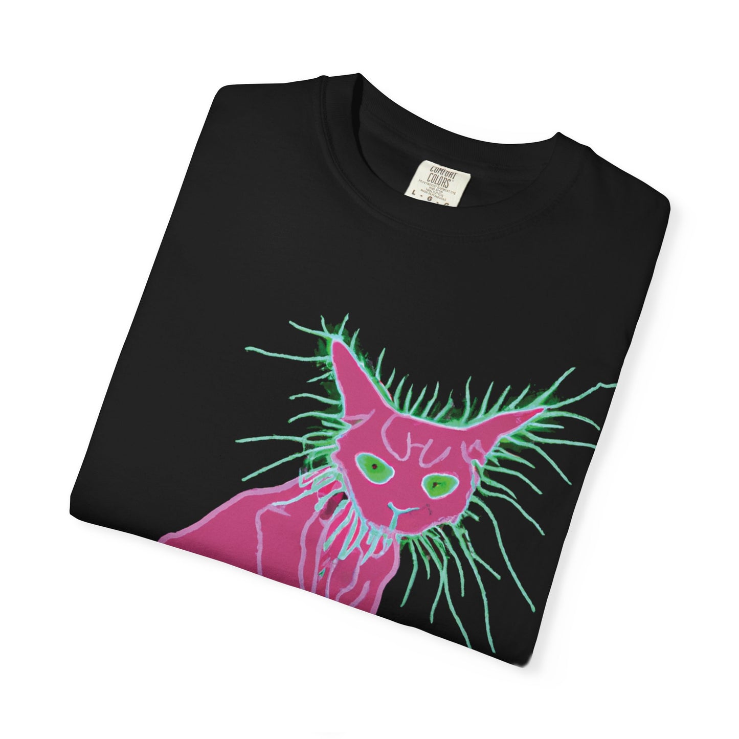 Sphynx Cat Graphic T-Shirt — Neon Pink & Green Punk Cat Design