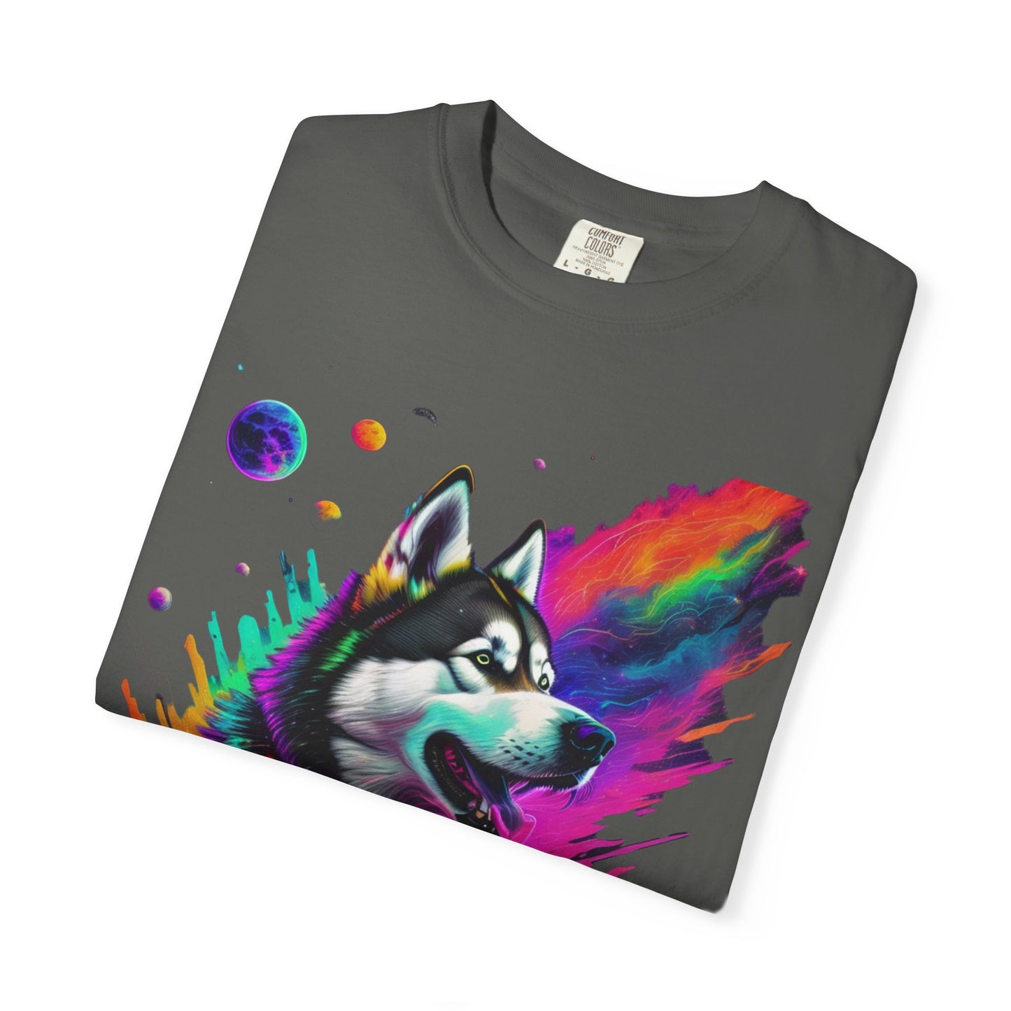 Husky Nebula T-Shirt — Colorful Cosmic Dog Art Tee