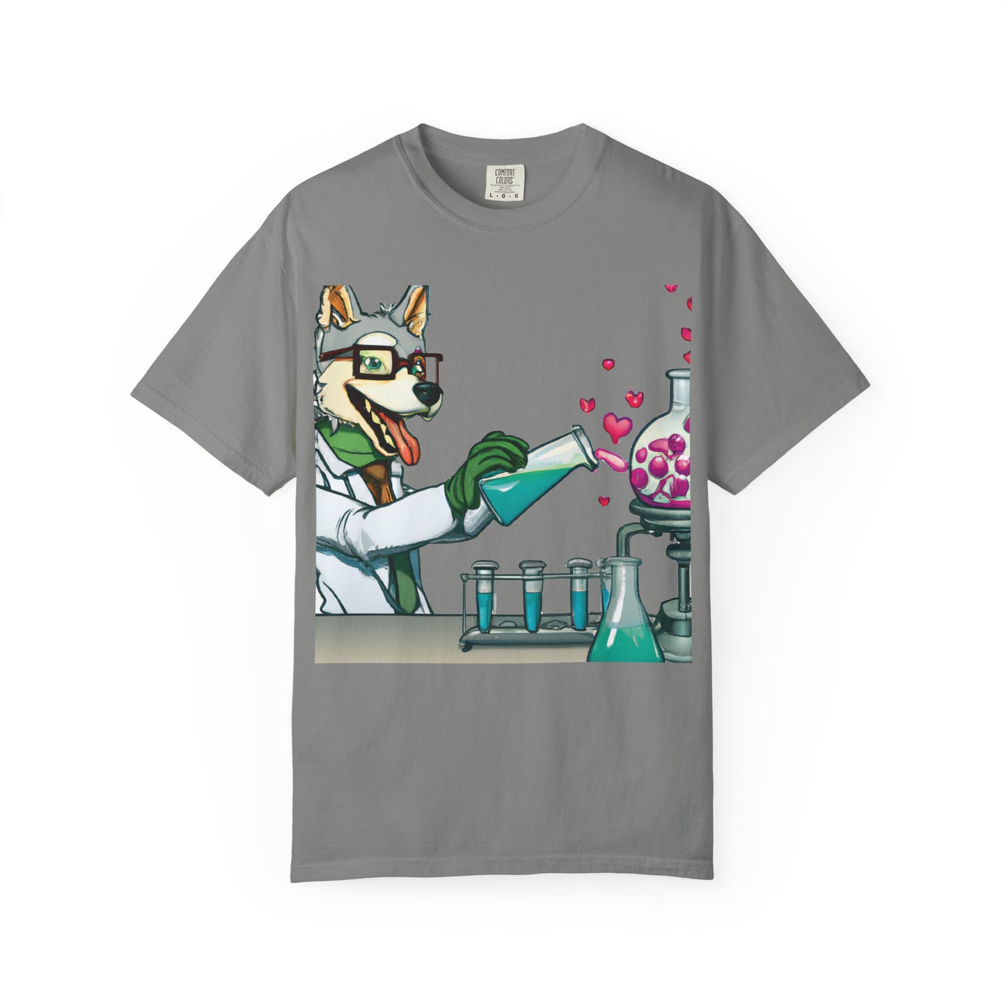 Chemist Dog T-Shirt — Cute Lab Scientist Pouring Love (Plurout.com Back Print)