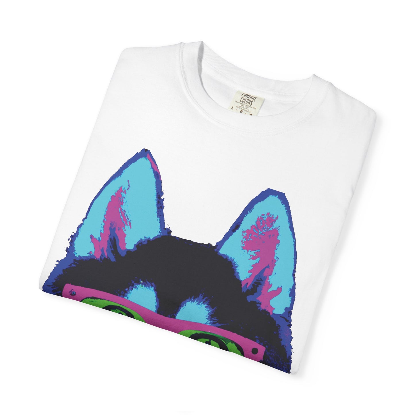 Pop Art Husky T-Shirt — Colorful Dog Face with Sunglasses, Back 'PLURout.com' Graphic