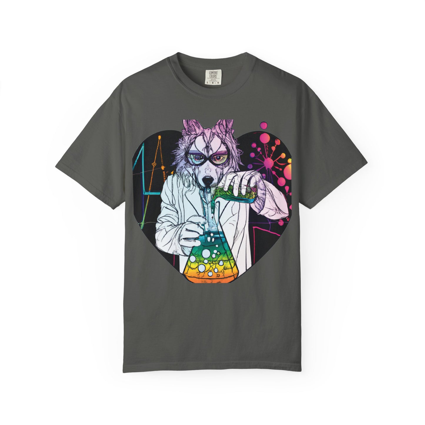 Science Wolf Heart T-Shirt — Colorful Mad Scientist Wolf Graphic Tee