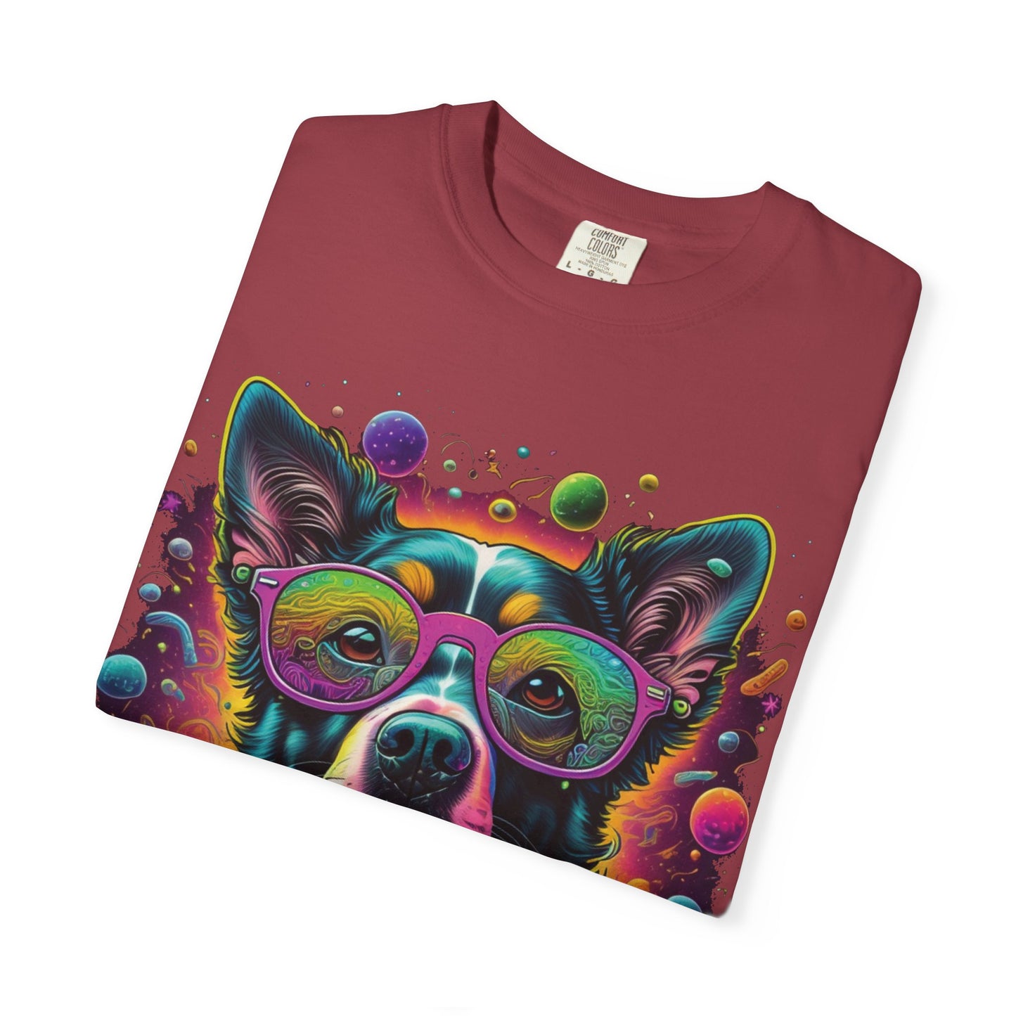 Psychedelic Dog Graphic T-Shirt — Vibrant Neon Pup Art Tee