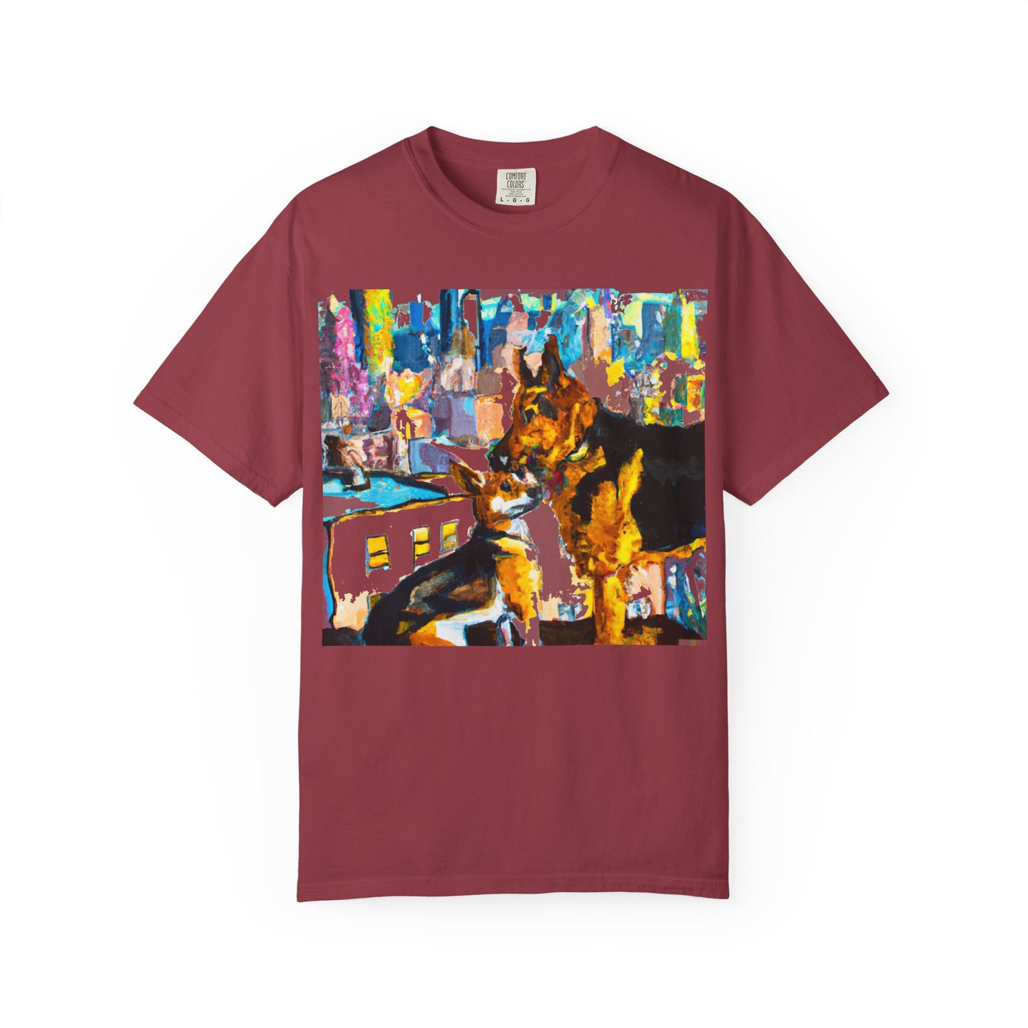 Dog Art T-Shirt — Colorful Urban Canine Print (Back Logo "PLUKOUT.com")