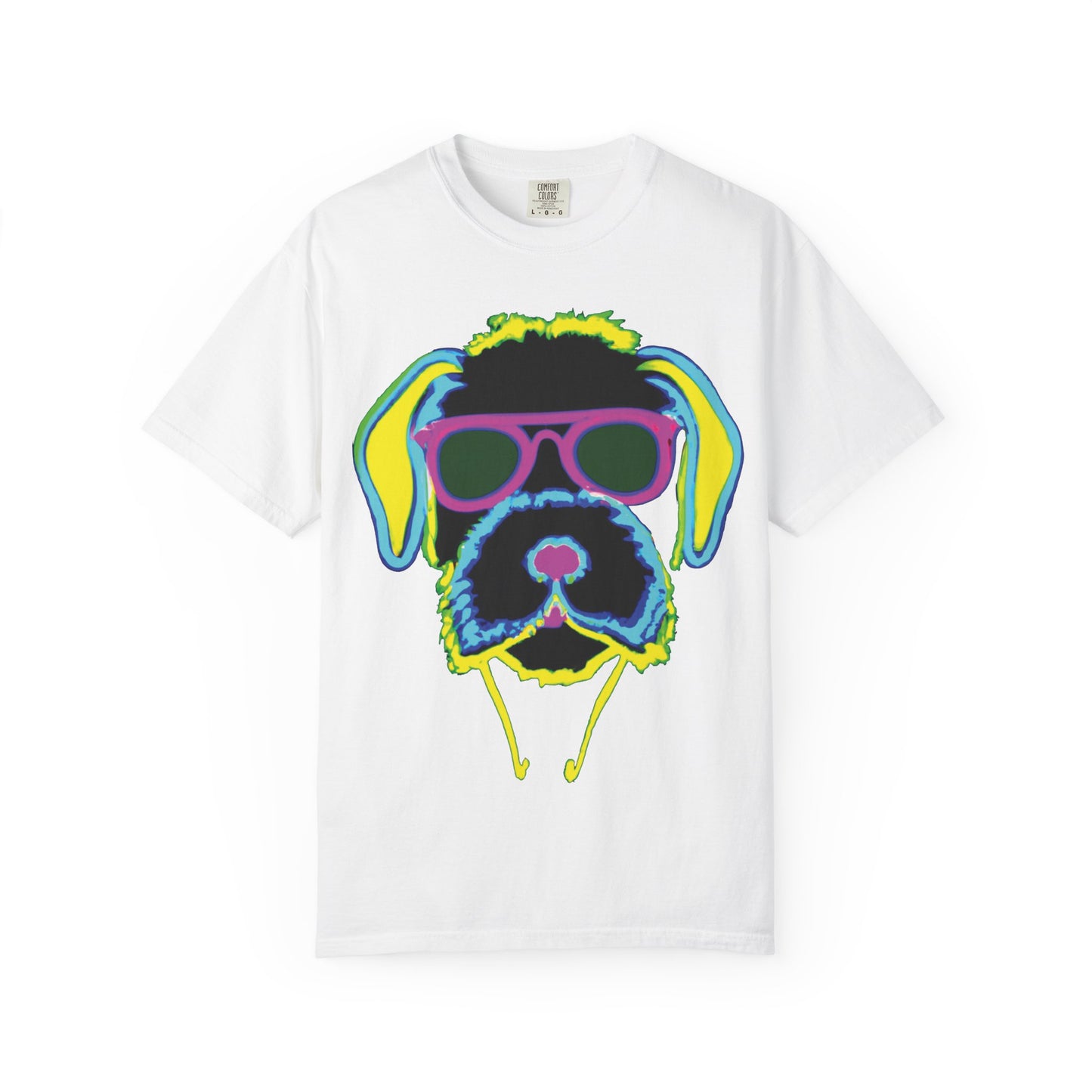 Neon Cool Dog Graphic T-Shirt — Sunglasses Pup Tee with PlurOut Backprint