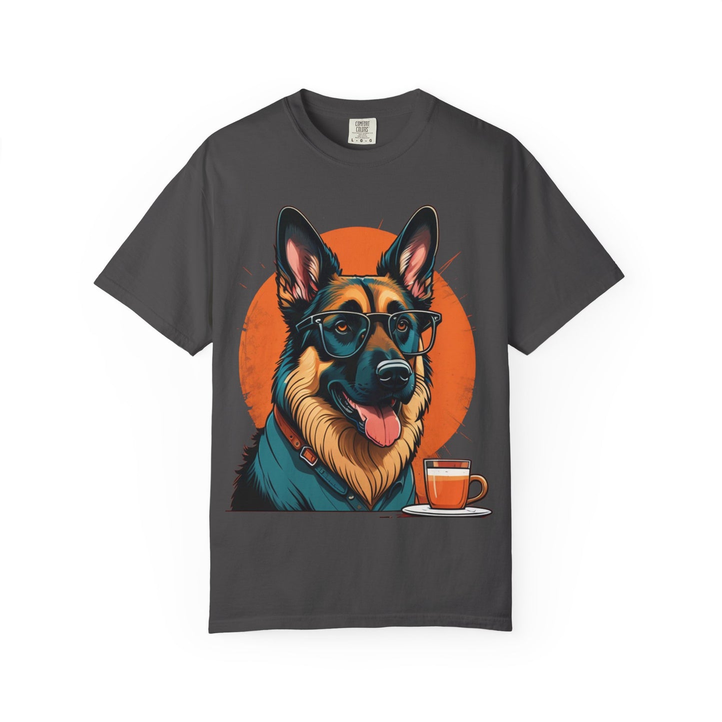 German Shepherd Coffee T-Shirt — Cool Dog Graphic Tee with Sunglasses & Mug