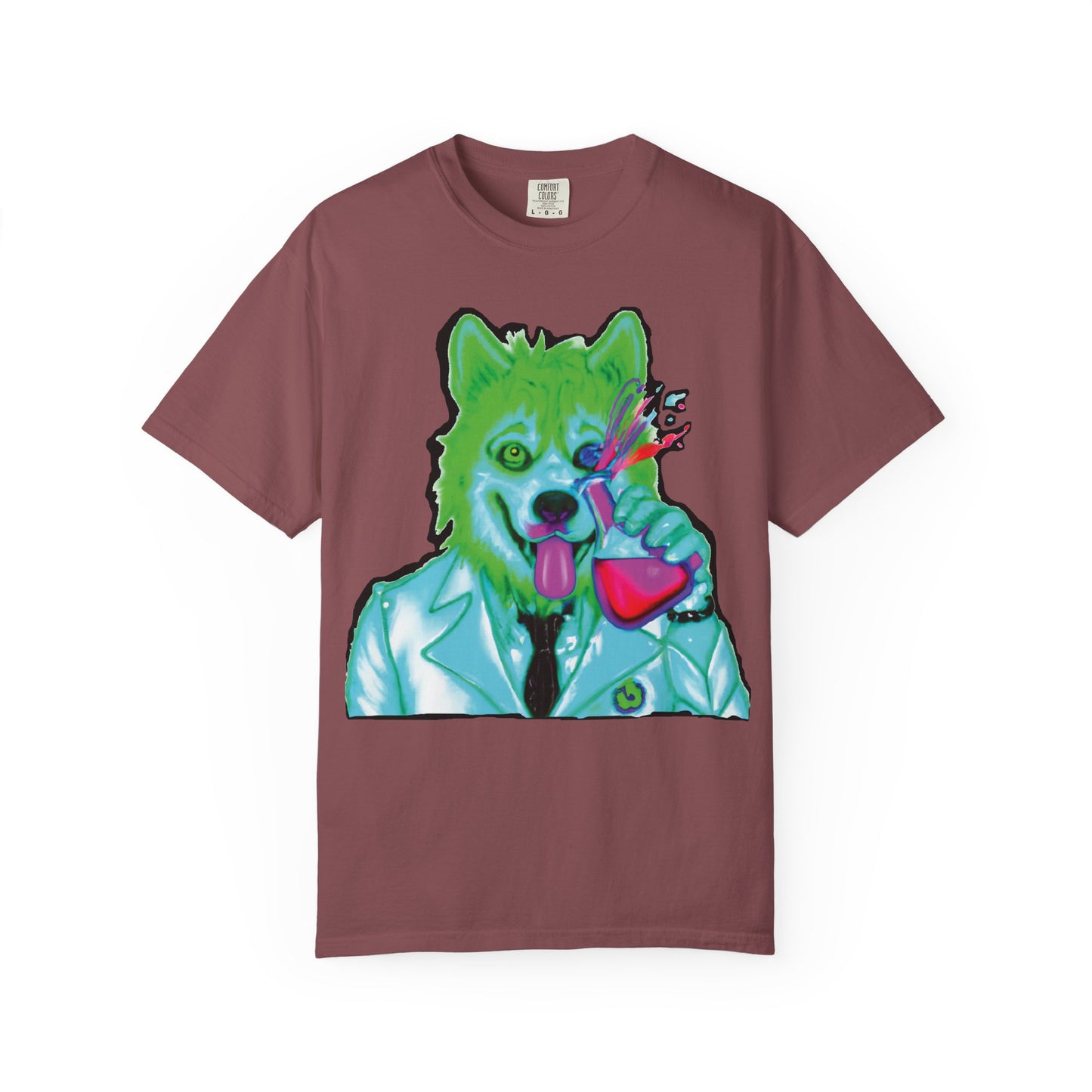 Chemist Wolf Graphic T-Shirt — Green Cartoon Animal Lab Art