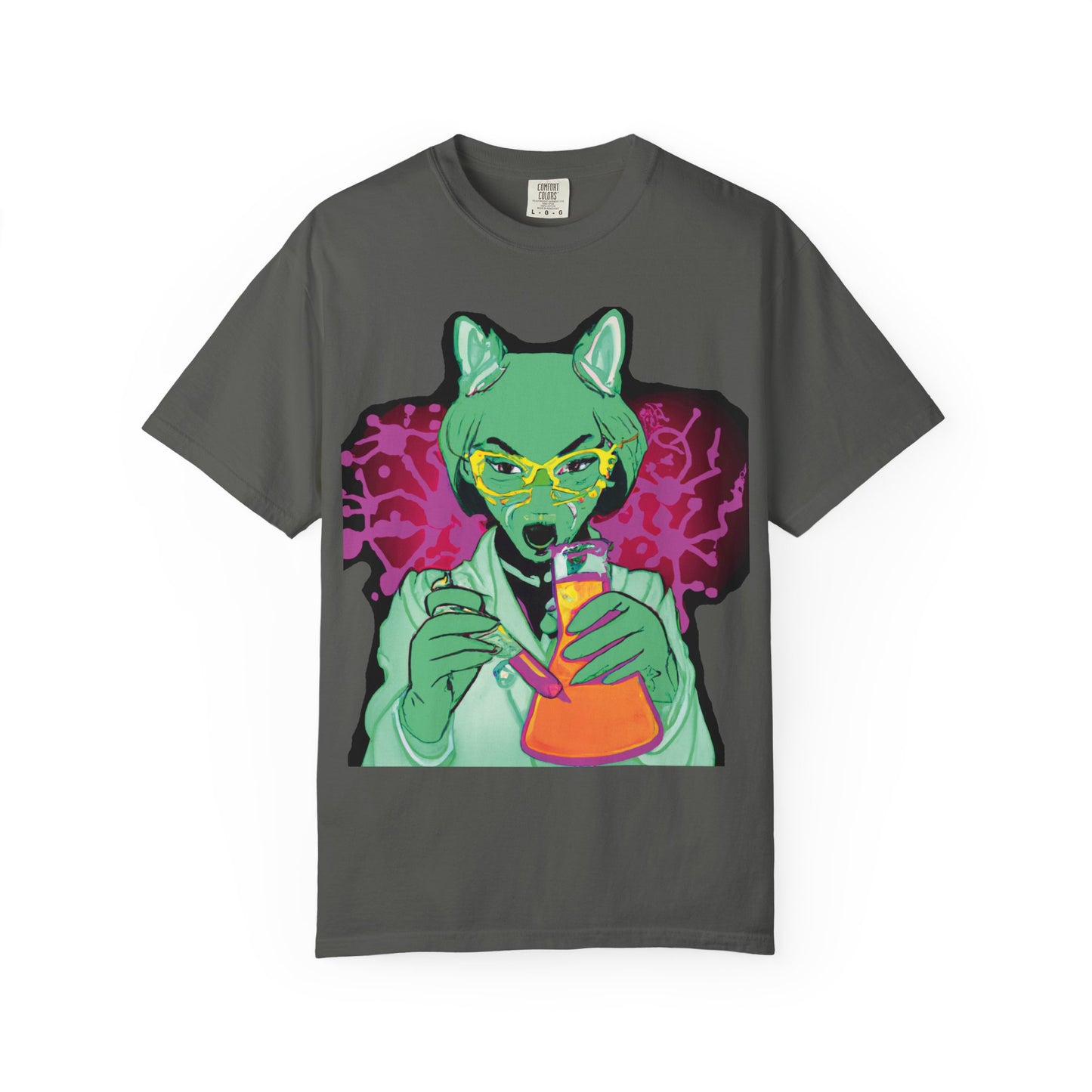 Psychedelic Fox Chemist T-Shirt — Green Fox with Beaker Graphic