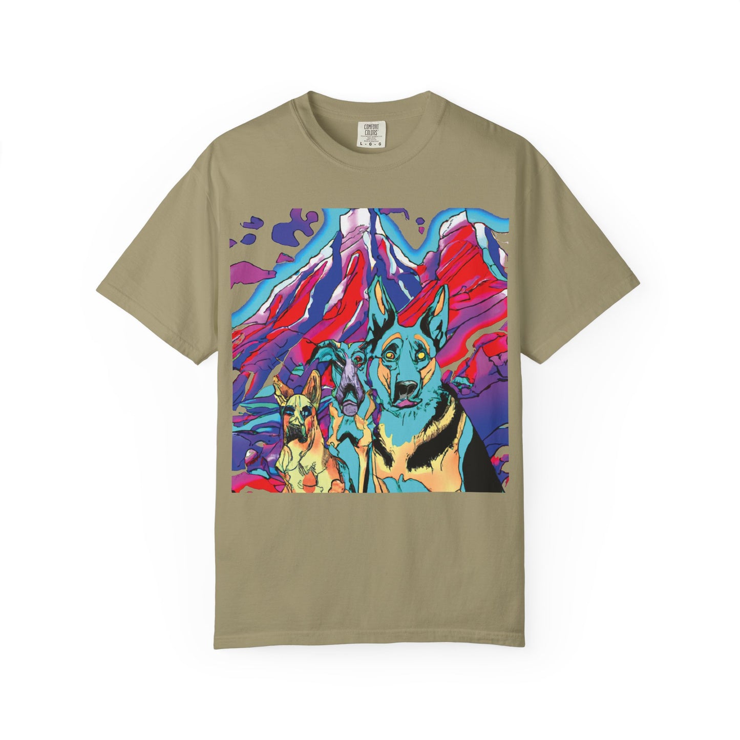 Psychedelic Mountain German Shepherd T-Shirt — Colorful Graphic Tee with Bold Back Script