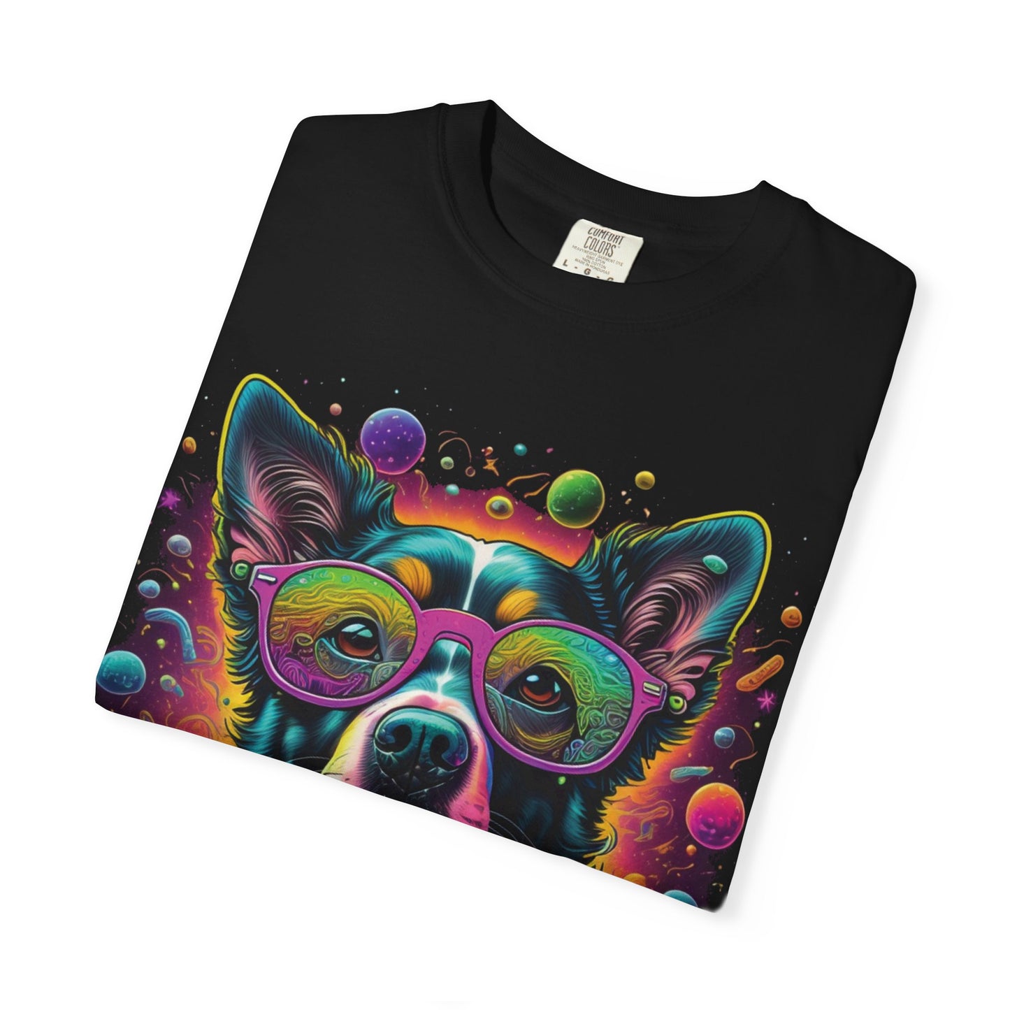 Psychedelic Dog Graphic T-Shirt — Vibrant Neon Pup Art Tee