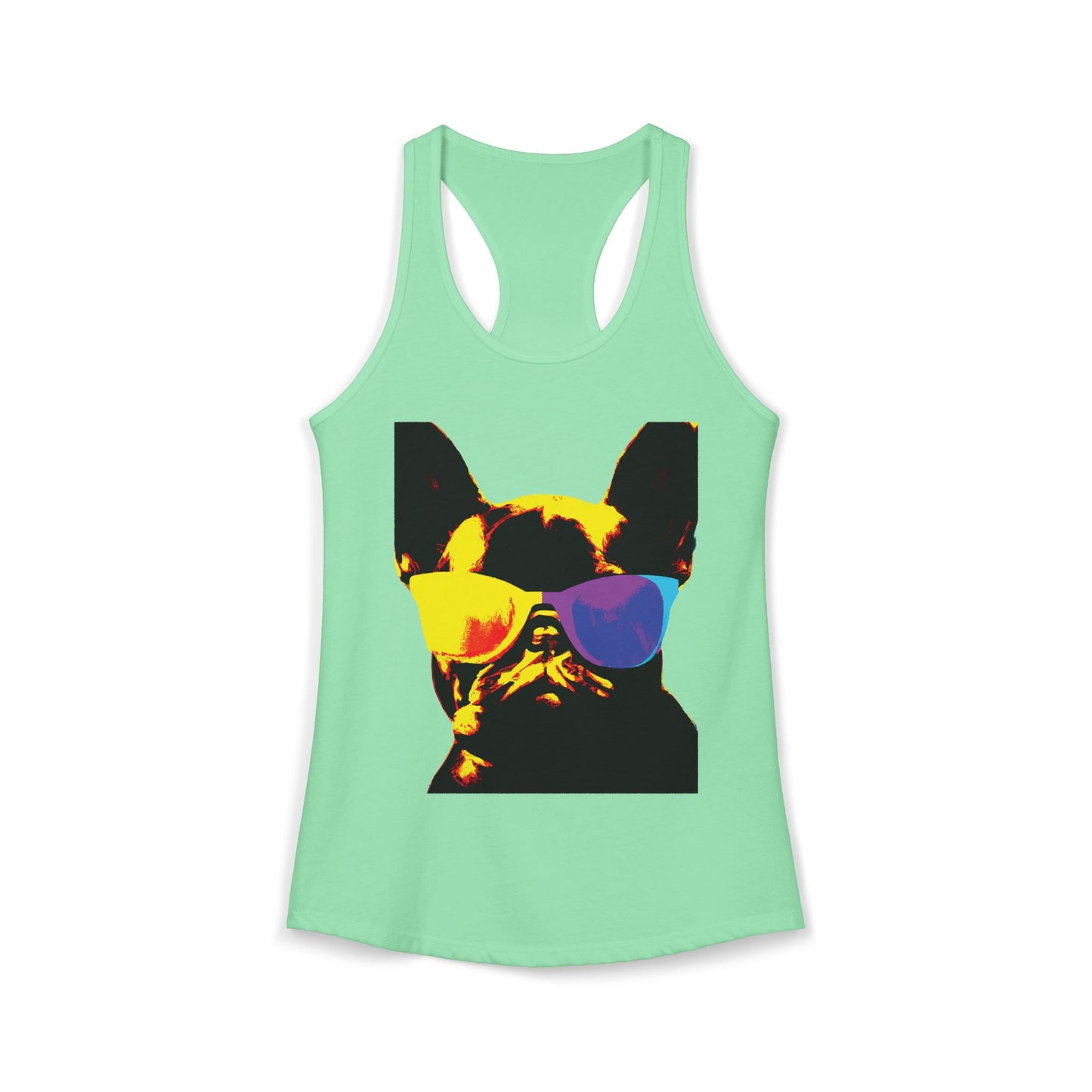 Gold Frenchie Graphic Racerback Tank — "Cool Glasses" French Bulldog Design