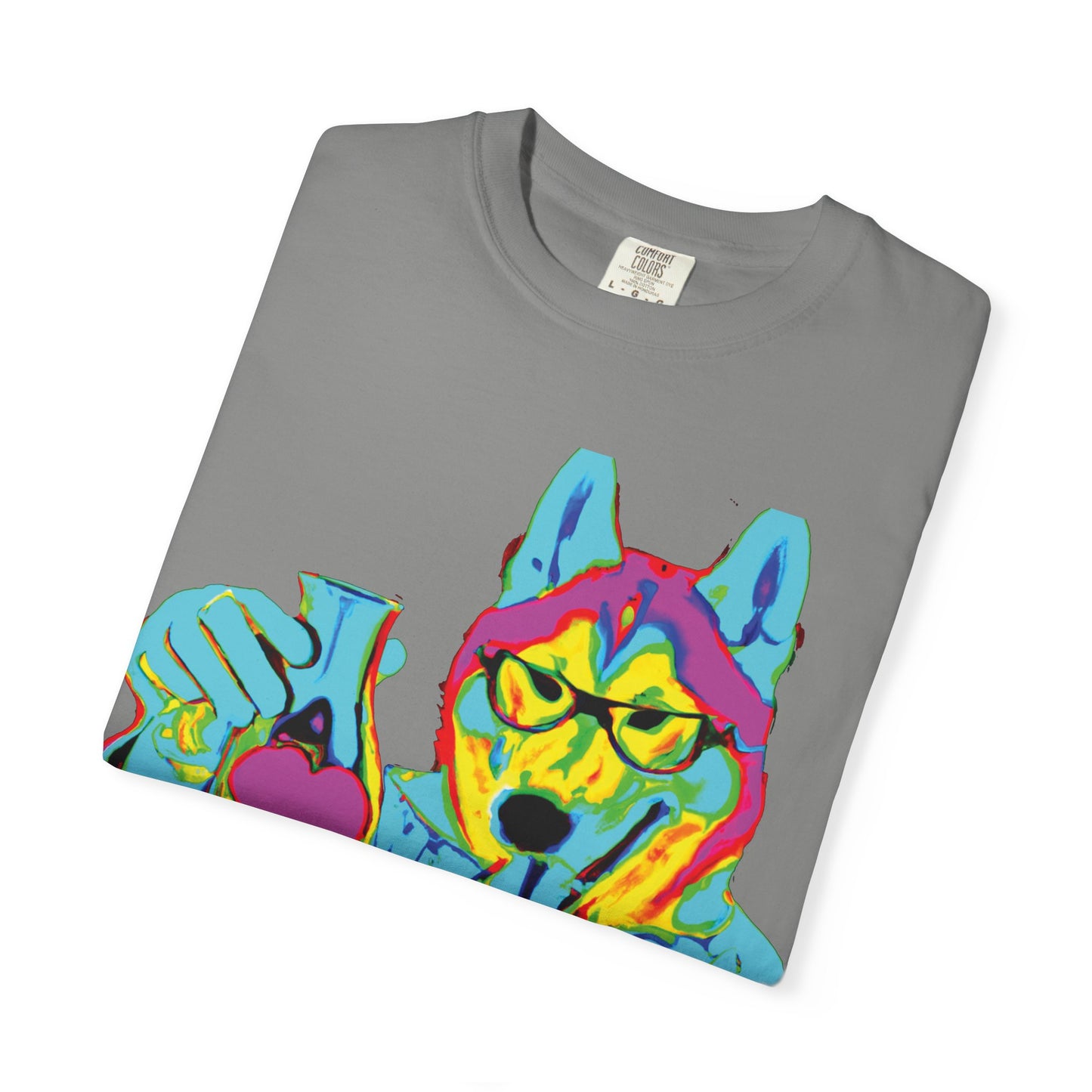 Psychedelic Husky Graphic T-Shirt — Colorful Scientist Dog Design