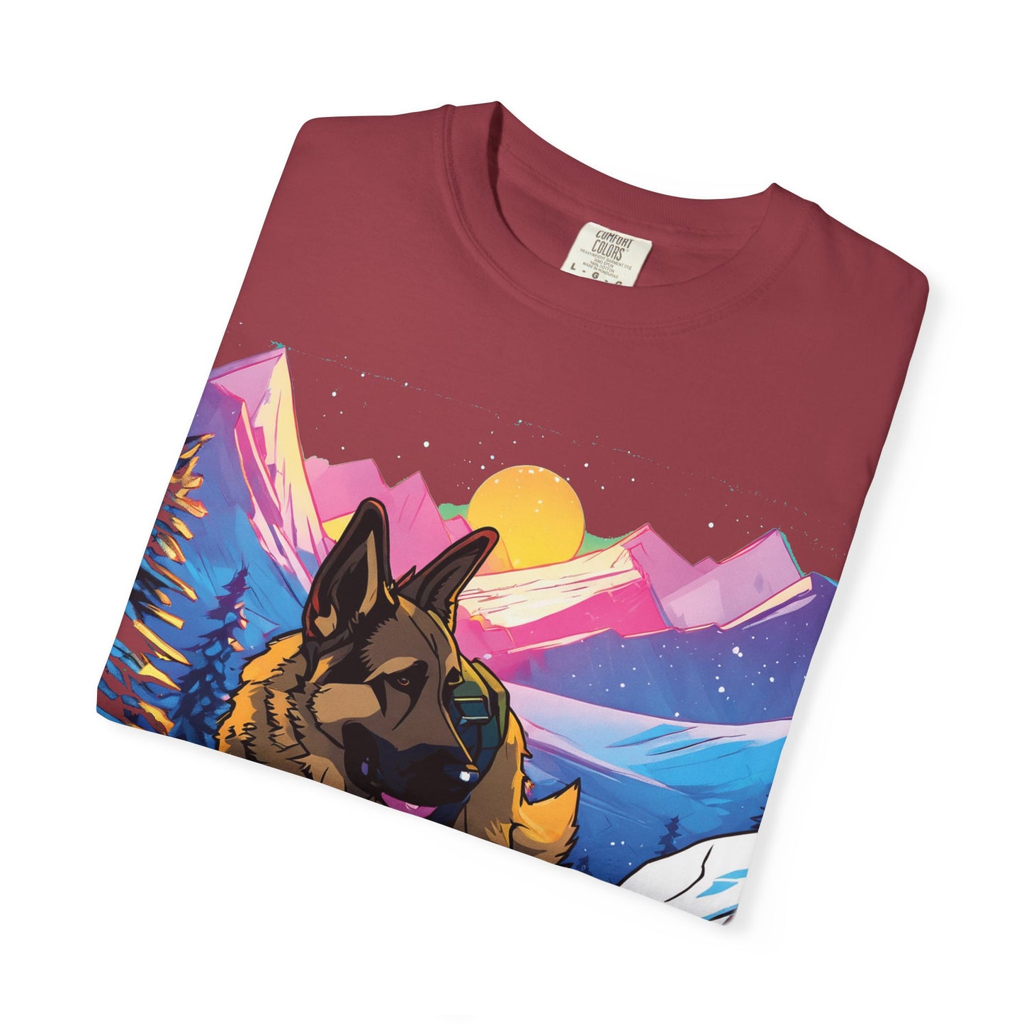 German Shepherd Mountain Sunset T-Shirt — Scenic Dog Graphic Tee