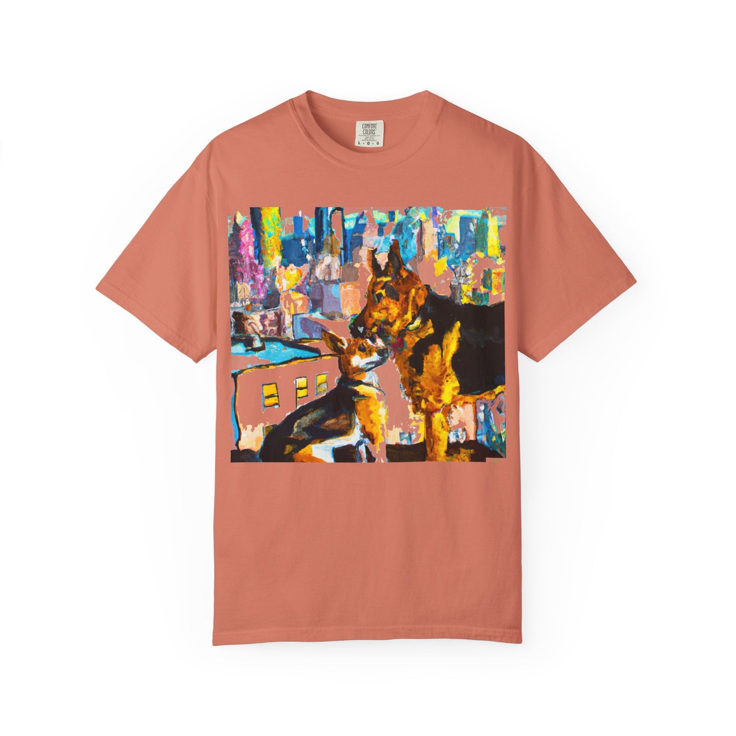Dog Art T-Shirt — Colorful Urban Canine Print (Back Logo "PLUKOUT.com")