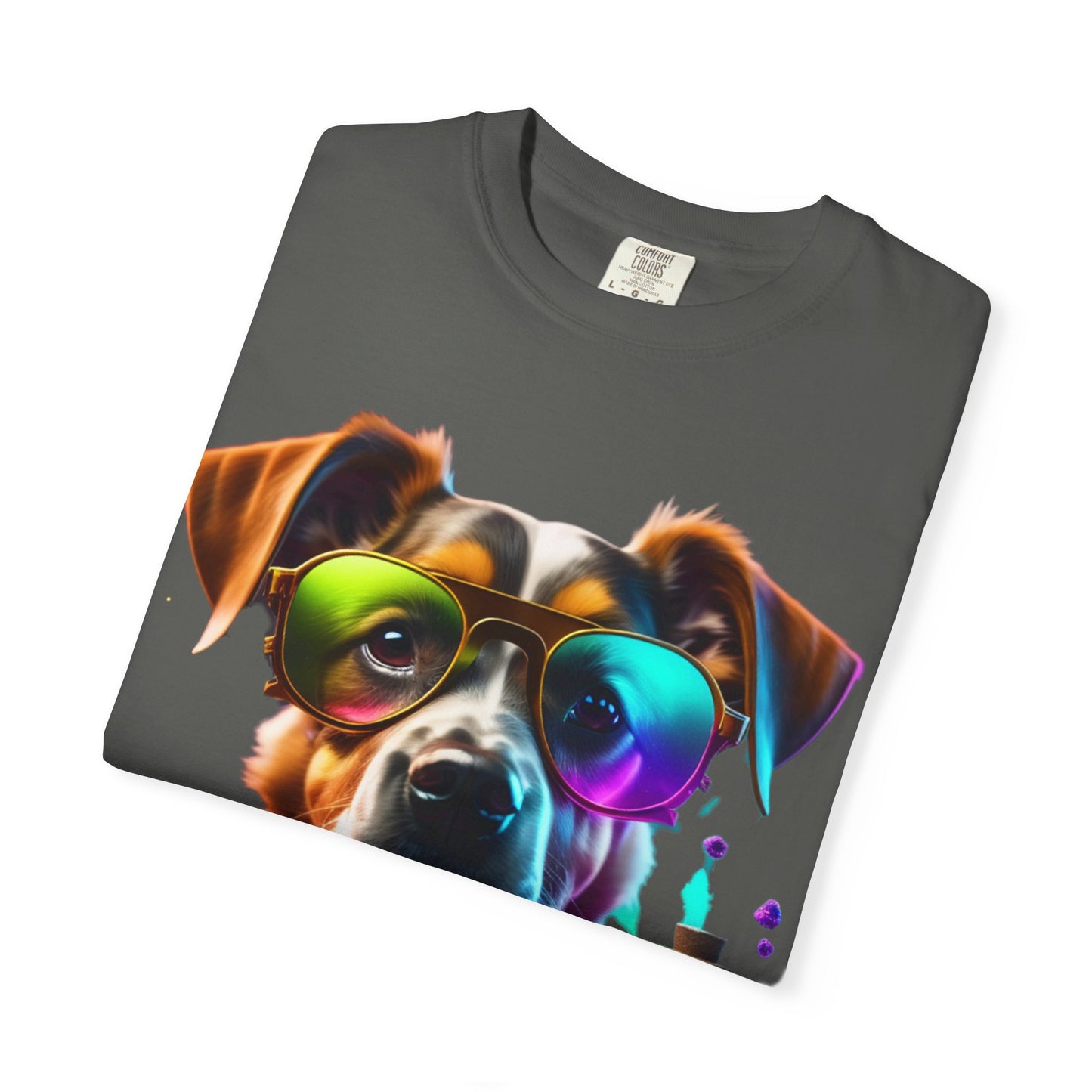 Dog Chemist Graphic T-Shirt — Colorful Lab Pup Design with 'Plurout.com' Backprint