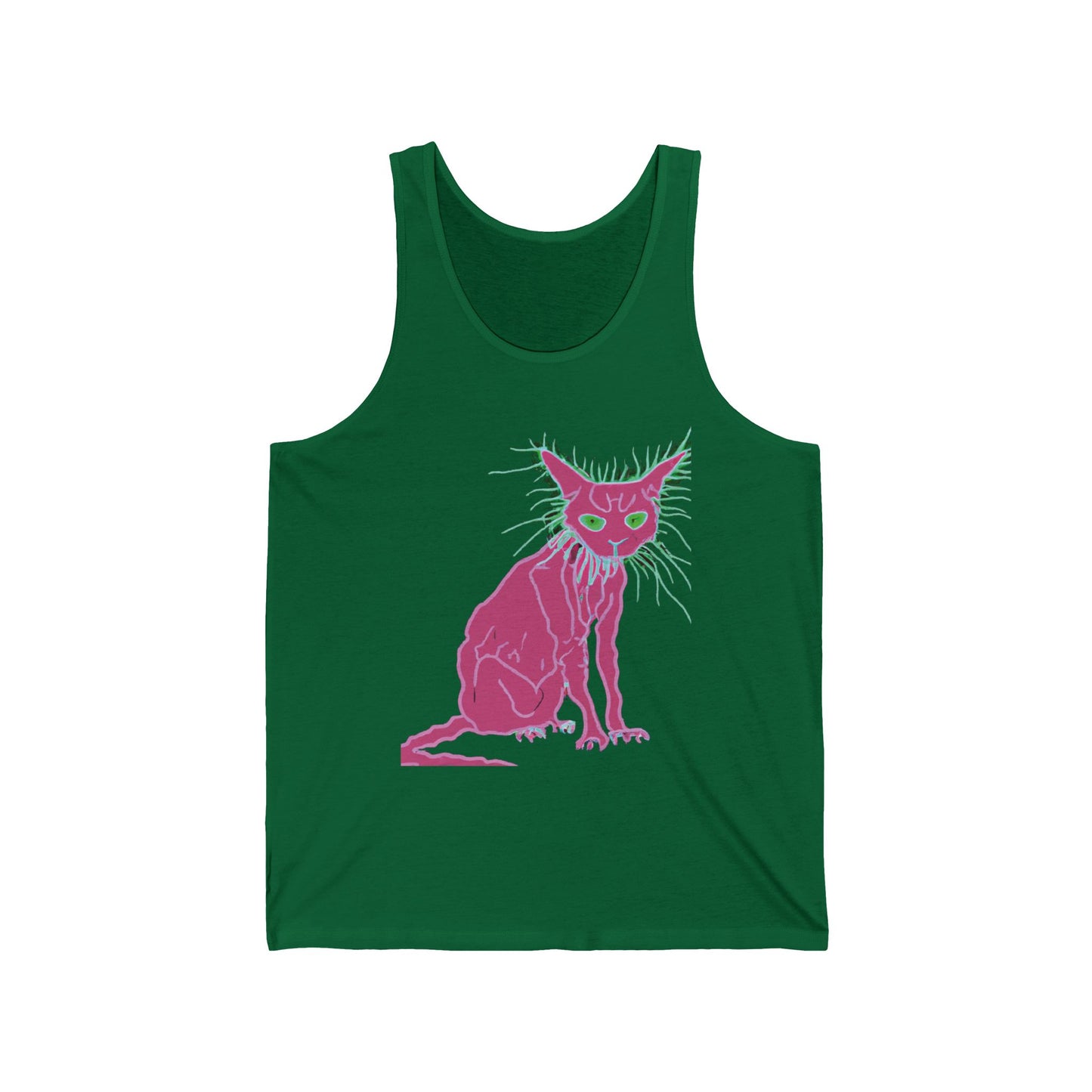 Sphynx Cat Neon Graphic Tank Top — Retro Pink & Green Hairless Cat Design
