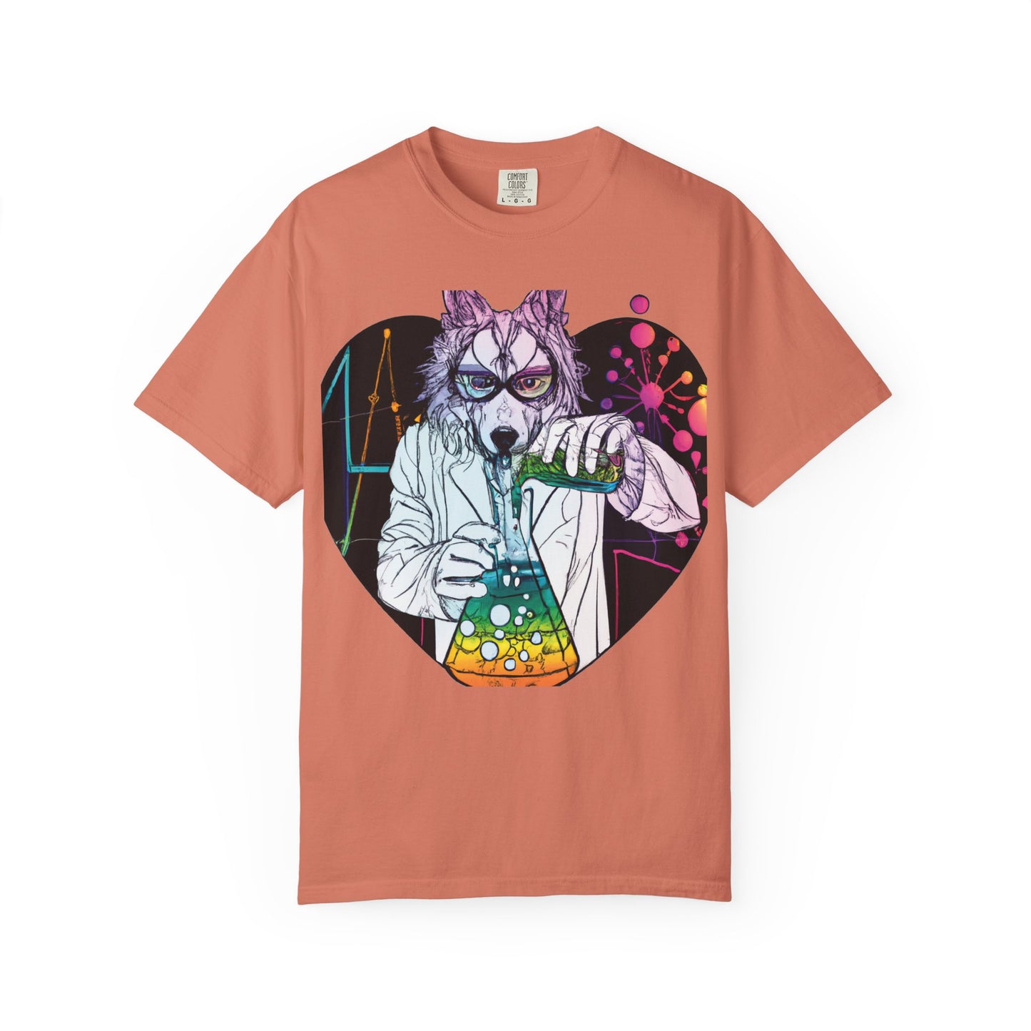 Science Wolf Heart T-Shirt — Colorful Mad Scientist Wolf Graphic Tee