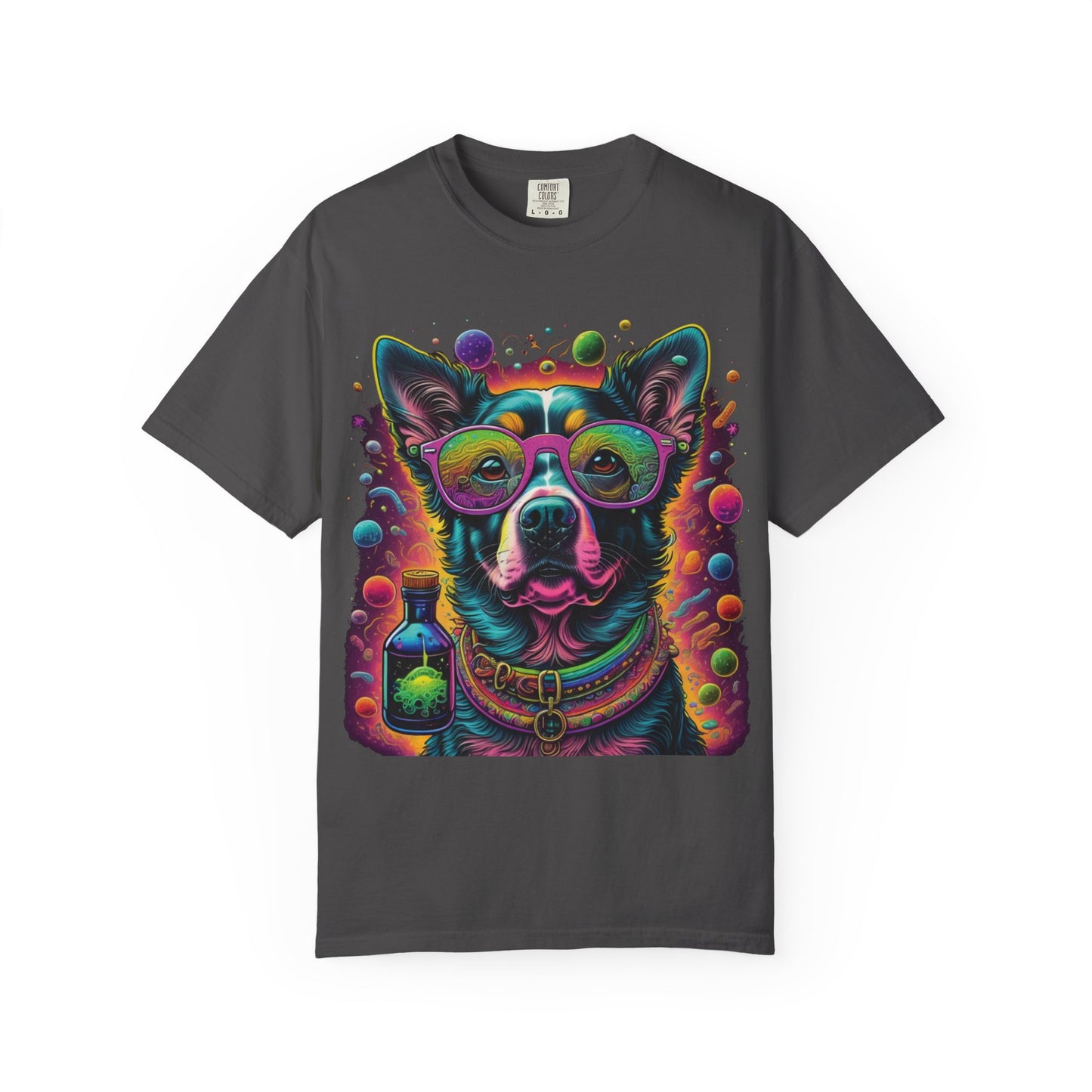 Psychedelic Dog Graphic T-Shirt — Vibrant Neon Pup Art Tee