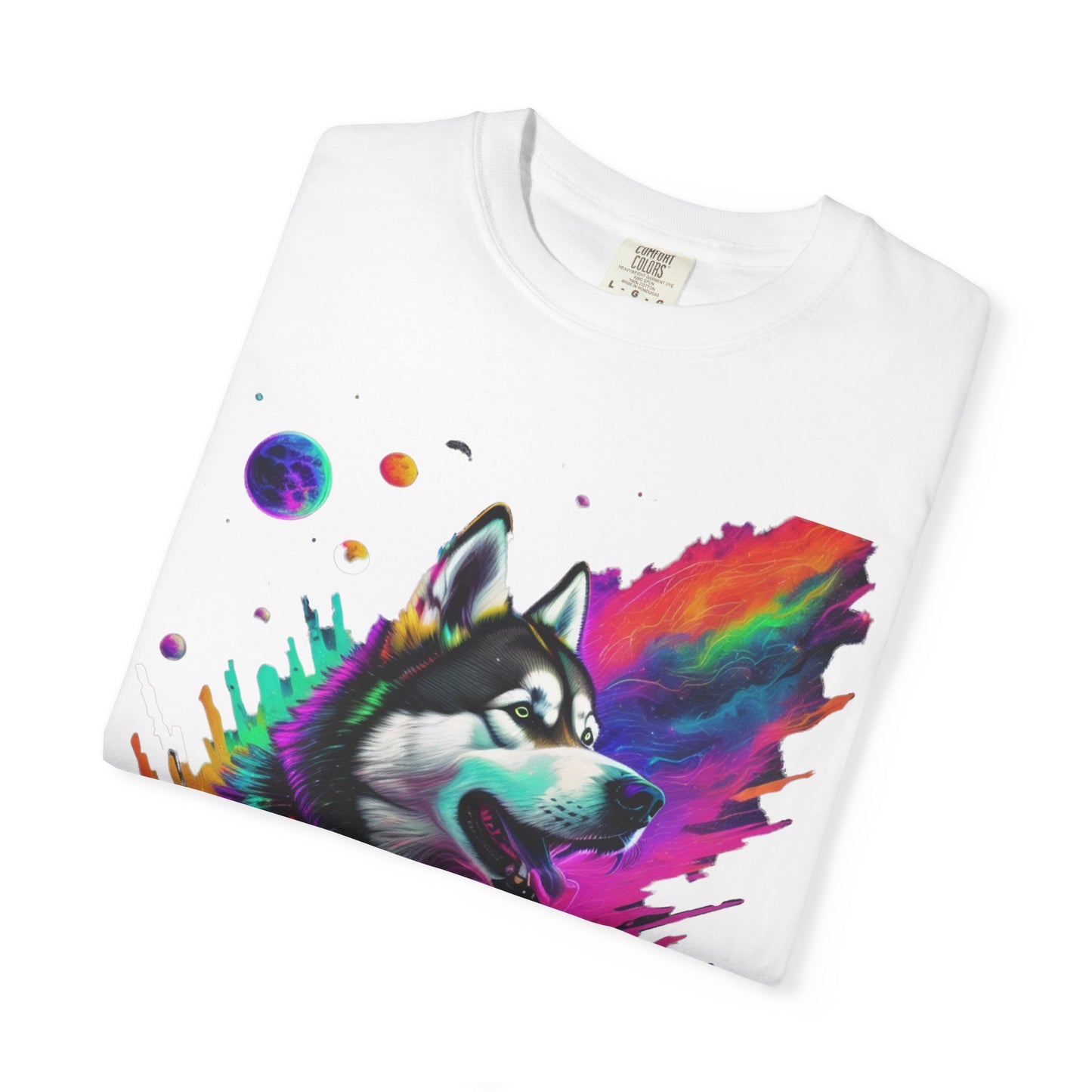 Husky Nebula T-Shirt — Colorful Cosmic Dog Art Tee