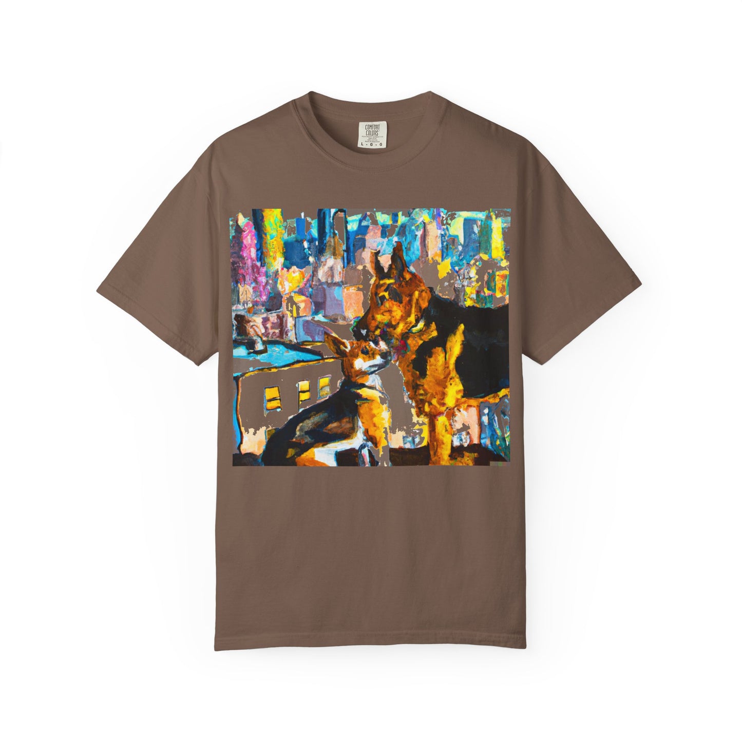 Dog Art T-Shirt — Colorful Urban Canine Print (Back Logo "PLUKOUT.com")