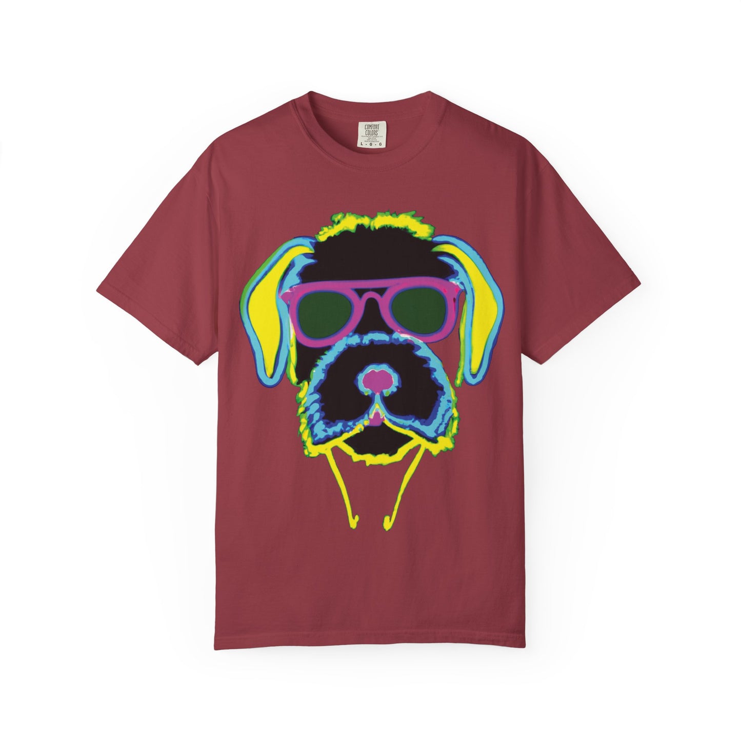 Neon Cool Dog Graphic T-Shirt — Sunglasses Pup Tee with PlurOut Backprint